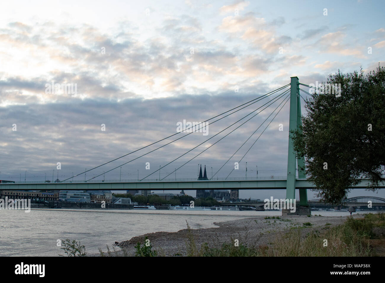 Severiens bridge, viev from Poller grassland, sunset, cloudy sky Stock Photo