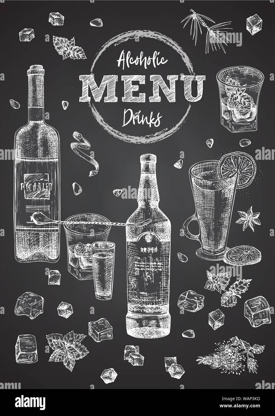 Vintage hand drawn sketch design bar, restaurant, cafe cover menu on black chalk board background. Graphic vector art. Whiskey with ice and mint Stock Vector