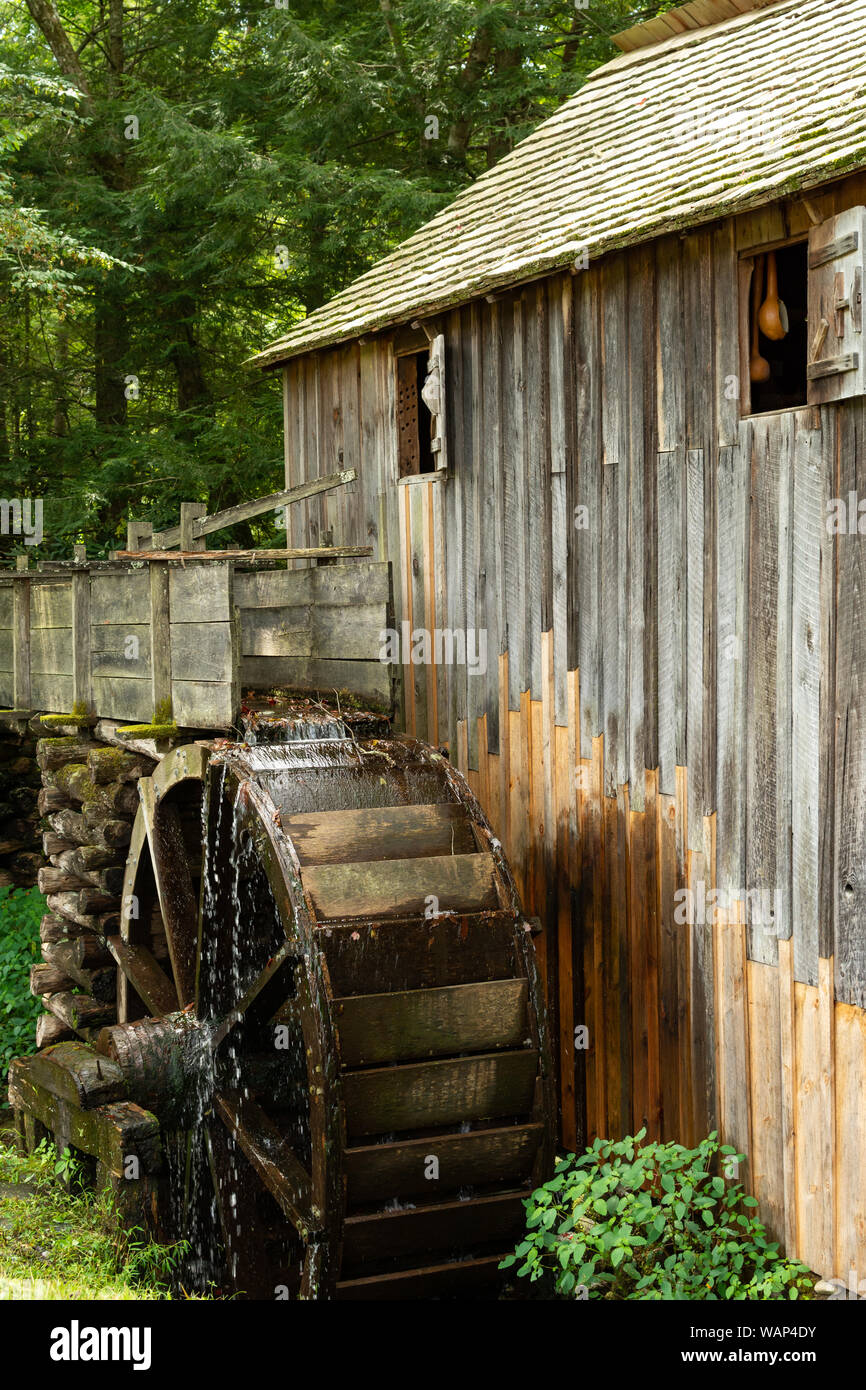 Water wheel and old mill in the woods.  Cades Cove, Smoky Mountains National Park, Tennessee Stock Photo