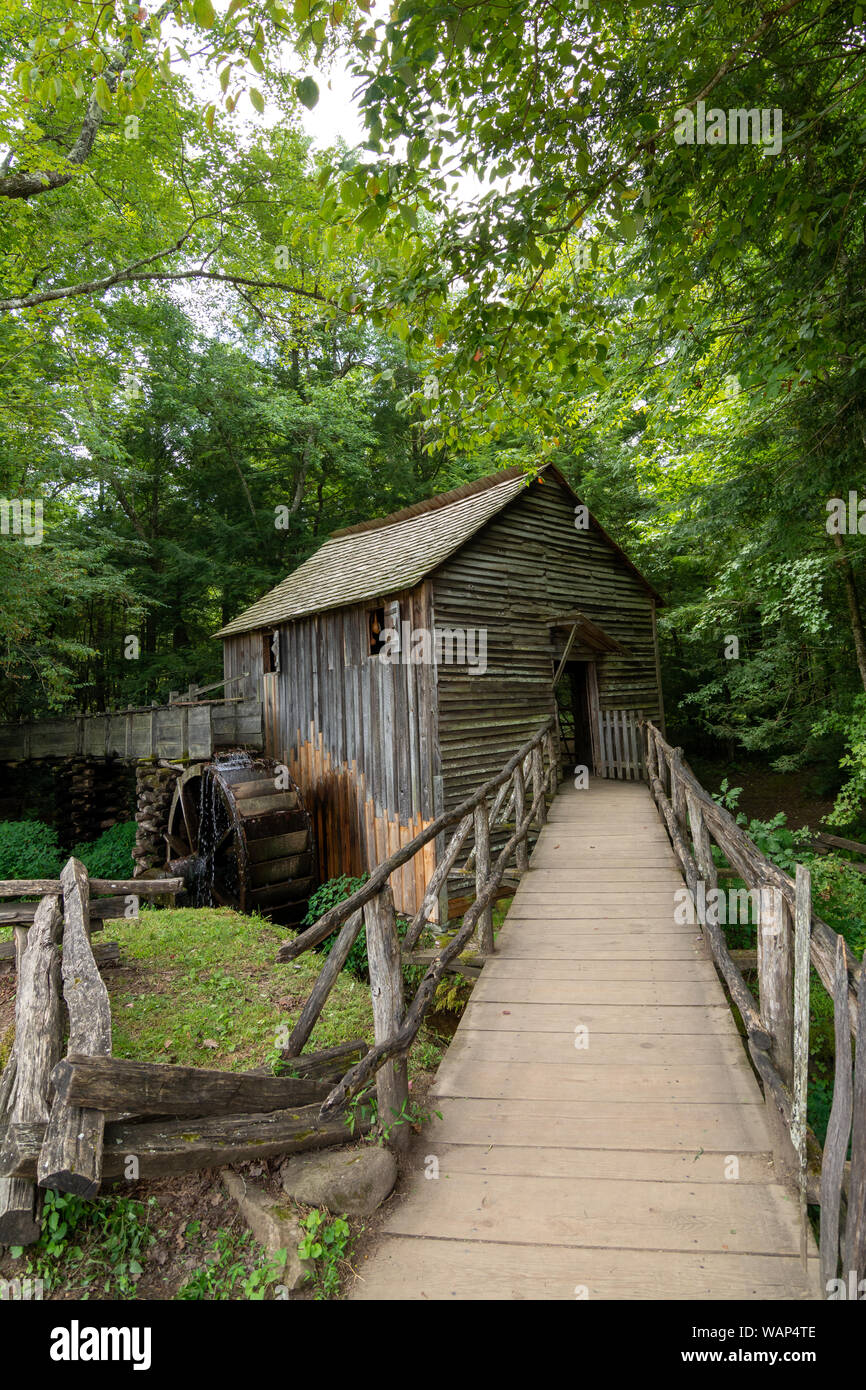 Water wheel and old mill in the woods.  Cades Cove, Smoky Mountains National Park, Tennessee Stock Photo