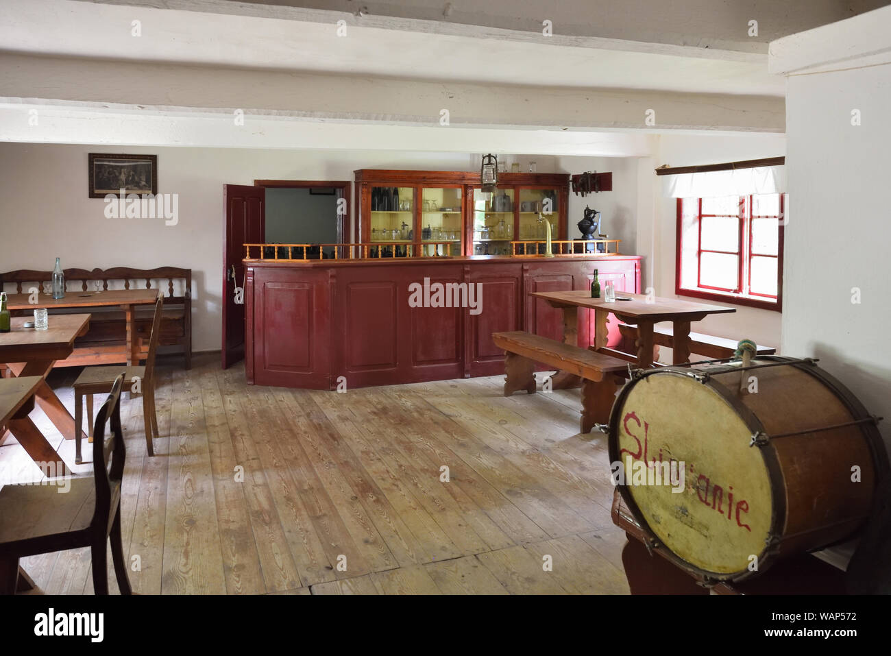 Osiek, Poland - August 16, 2019: Interior of old bar in The Folk Culture Museum in Osiek by the river Notec. Stock Photo
