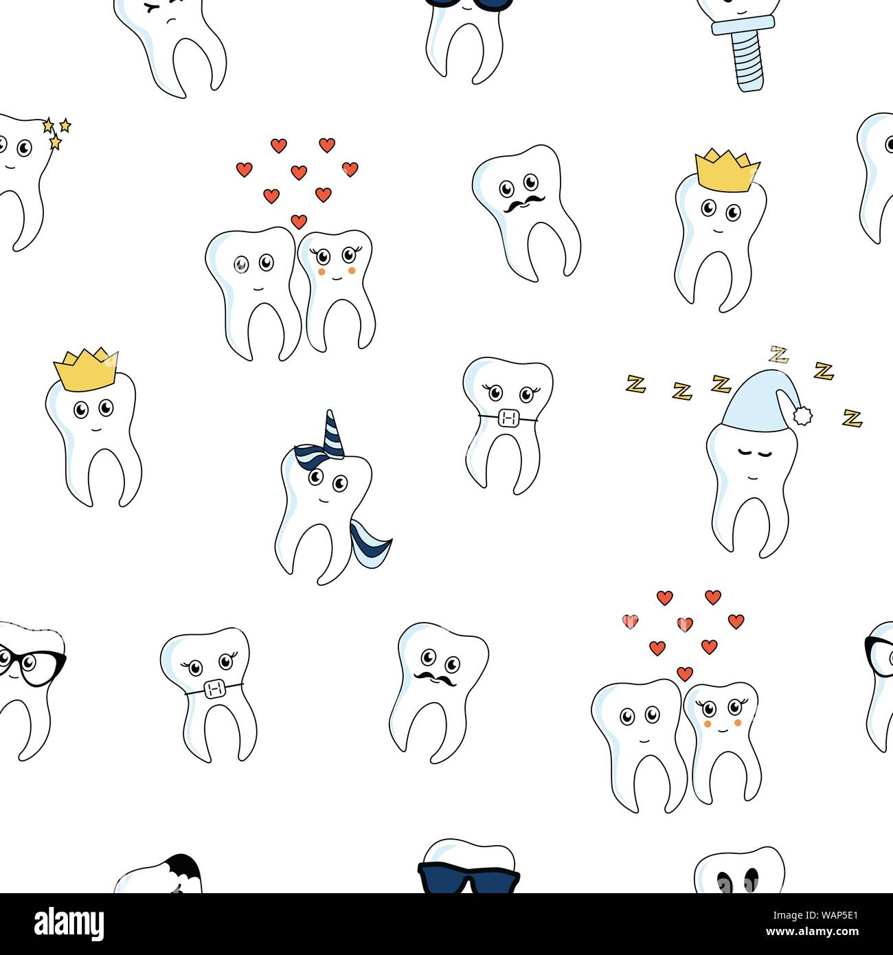 Funny cartoon tooth stickers seamless pattern. Isolated on white. Stock Vector