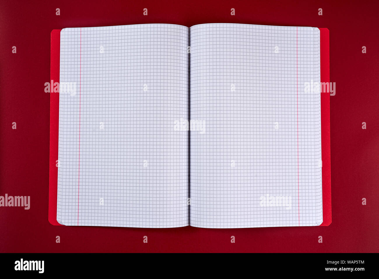 open notebook with checkered pages on a red background Stock Photo