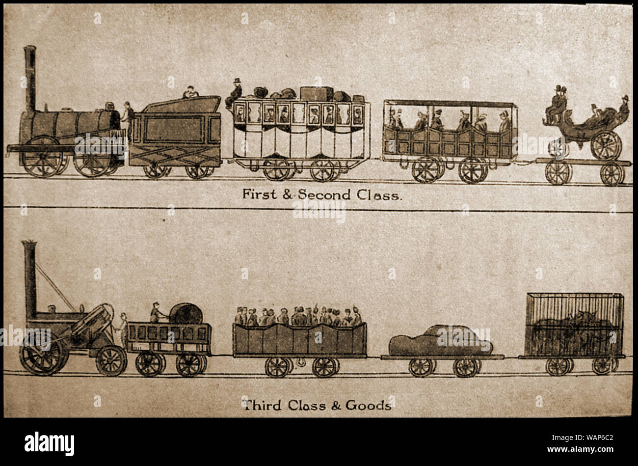 A lovely illustration of the classes available for steam train travel in the Victorian era    -1st class - 2nd class - 3rd class - Goods Class Stock Photo