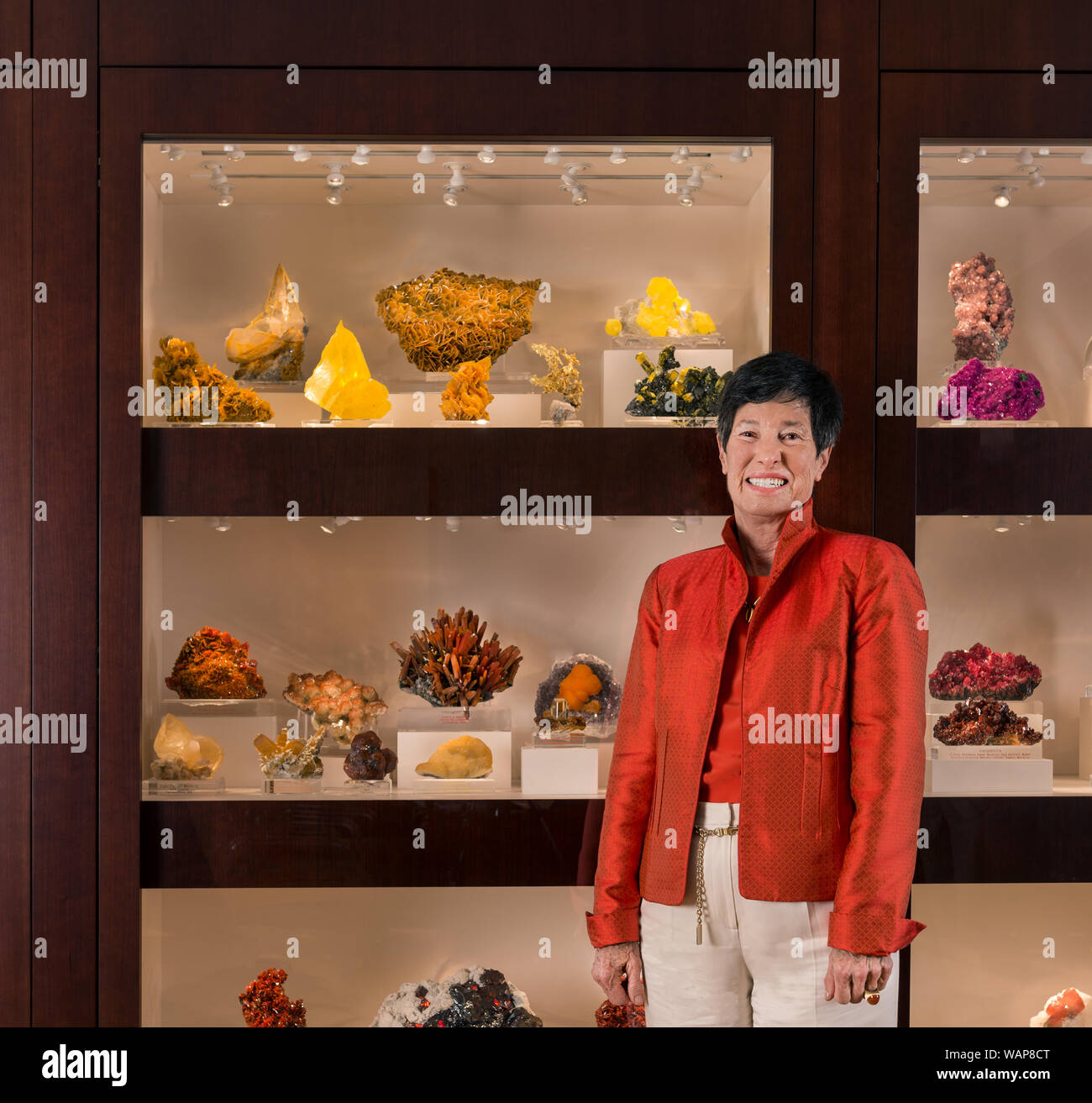 Dallas, Texas, philanthropreneur Lyda Hill, the granddaughter of legendary Texas oil pioneer H.L. Hunt. Behind her is a portion of her vast collection of gems, geodes, and other minerals from around the world. Many more form the central feature of the Lyda Hill Gems and Minerals Hall at the nearby Perot Museum of Nature and Science Stock Photo