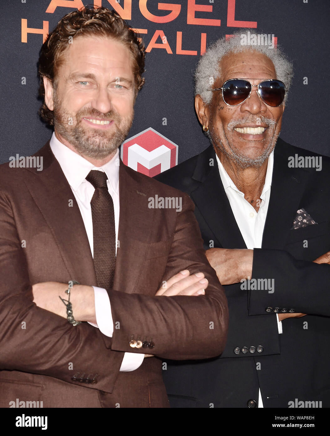 WESTWOOD, CA - AUGUST 20: Gerard Butler (L) and Morgan Freeman attend