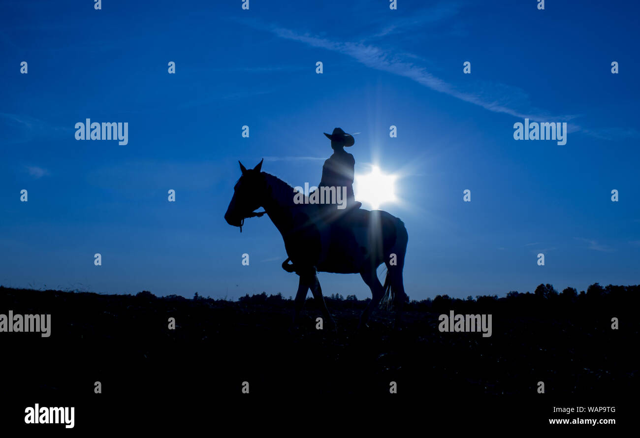 Silhouette cowgirl riding on open plain in western at sunset in blue Stock Photo