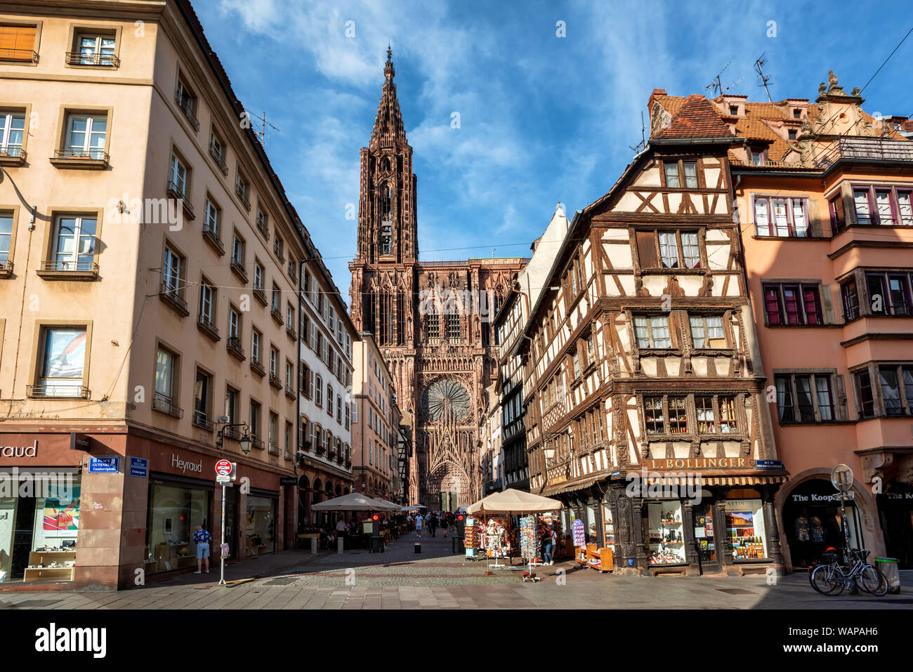 Strasbourg, France - June 23 2019: Strasbourg city center with historical half-timbered houses and beautiful gothic cathedral is a popular tourist des Stock Photo