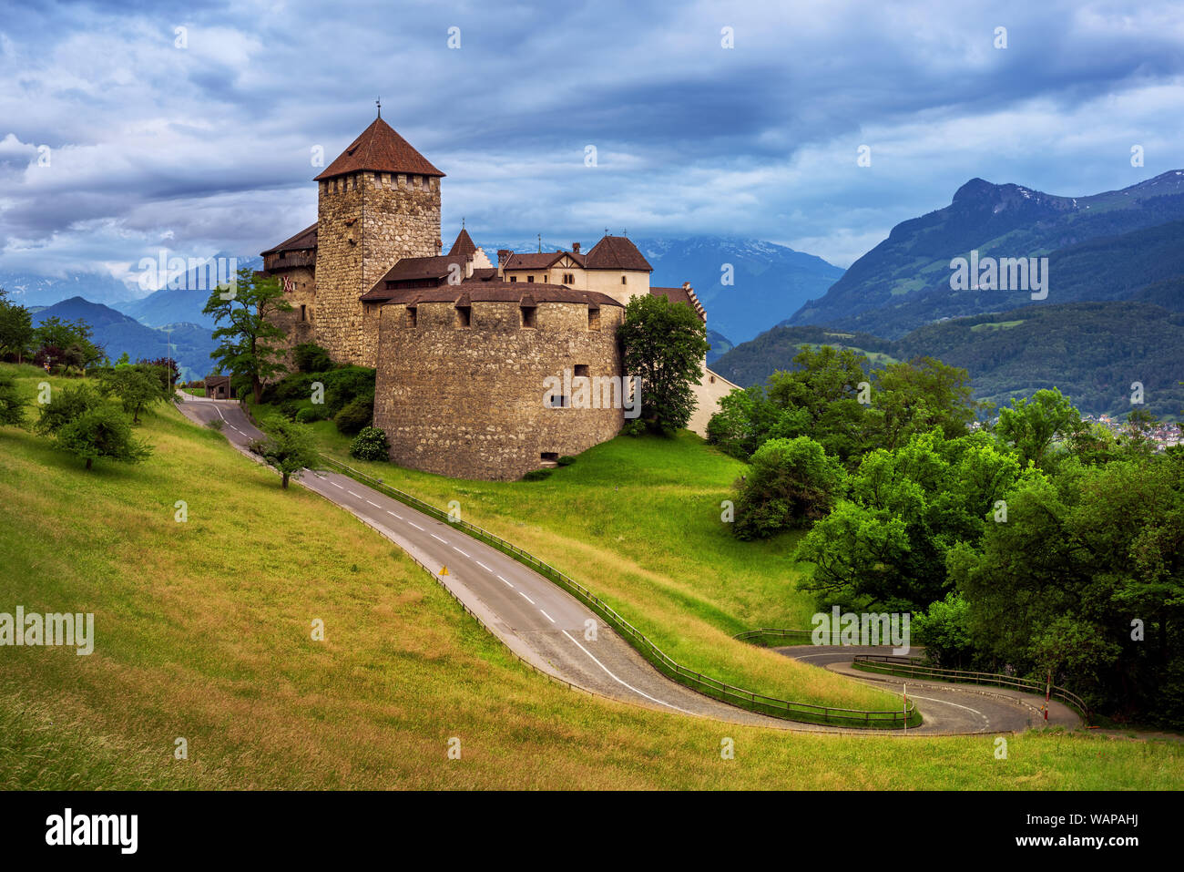 Vaduz castle, Liechtenstein, in the Alps mountains in the blue evening light Stock Photo