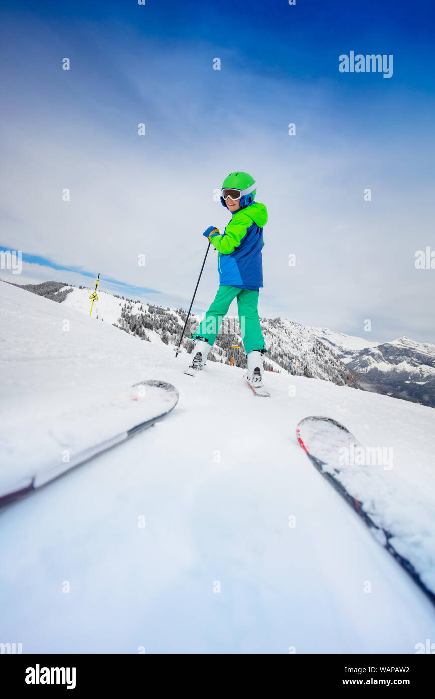 Ski school instructor view of boy on the slope Stock Photo