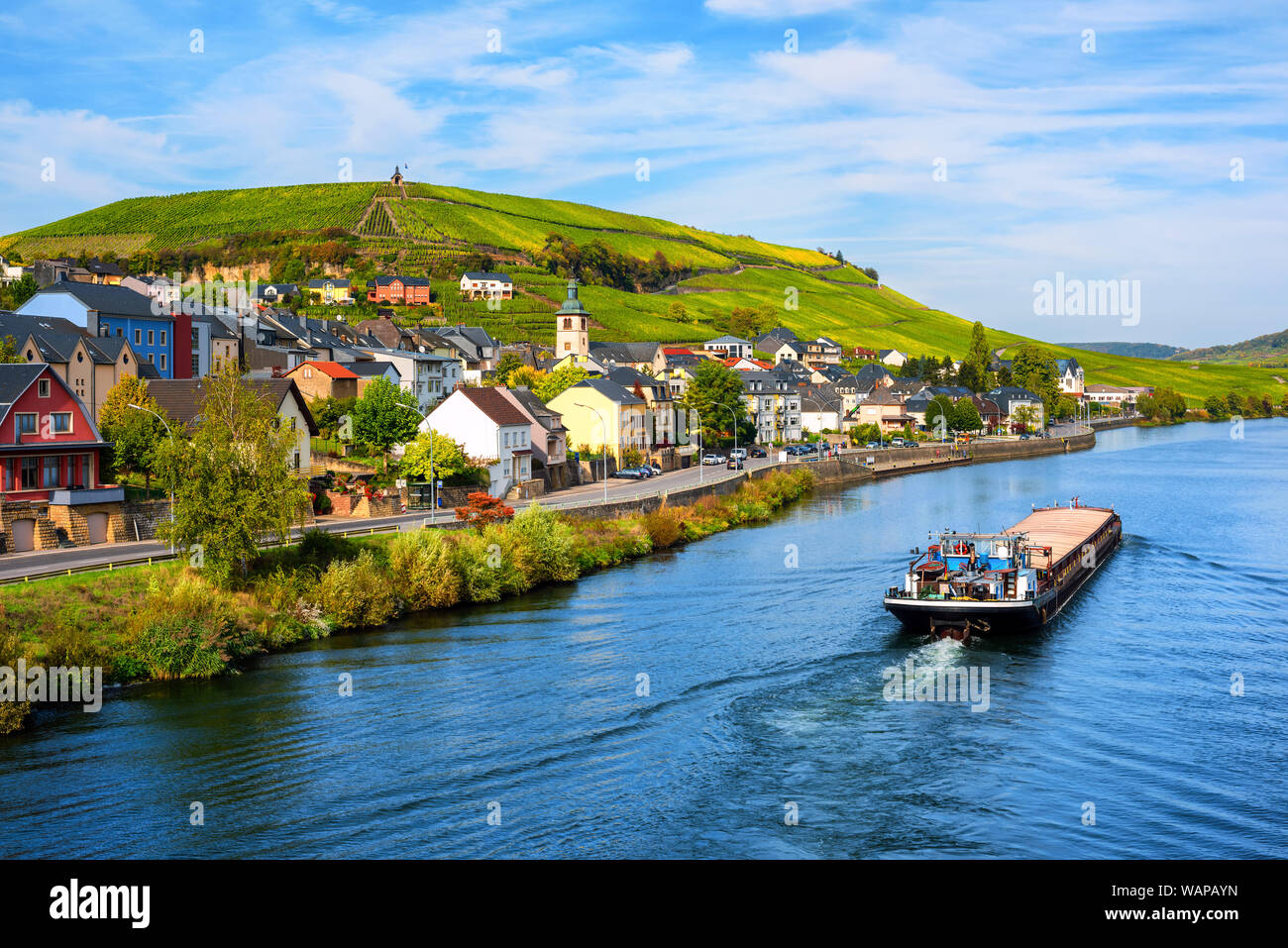 Moselle river by Wormeldange, Luxembourg country, with vineyard hills and a cargo barge ship Stock Photo