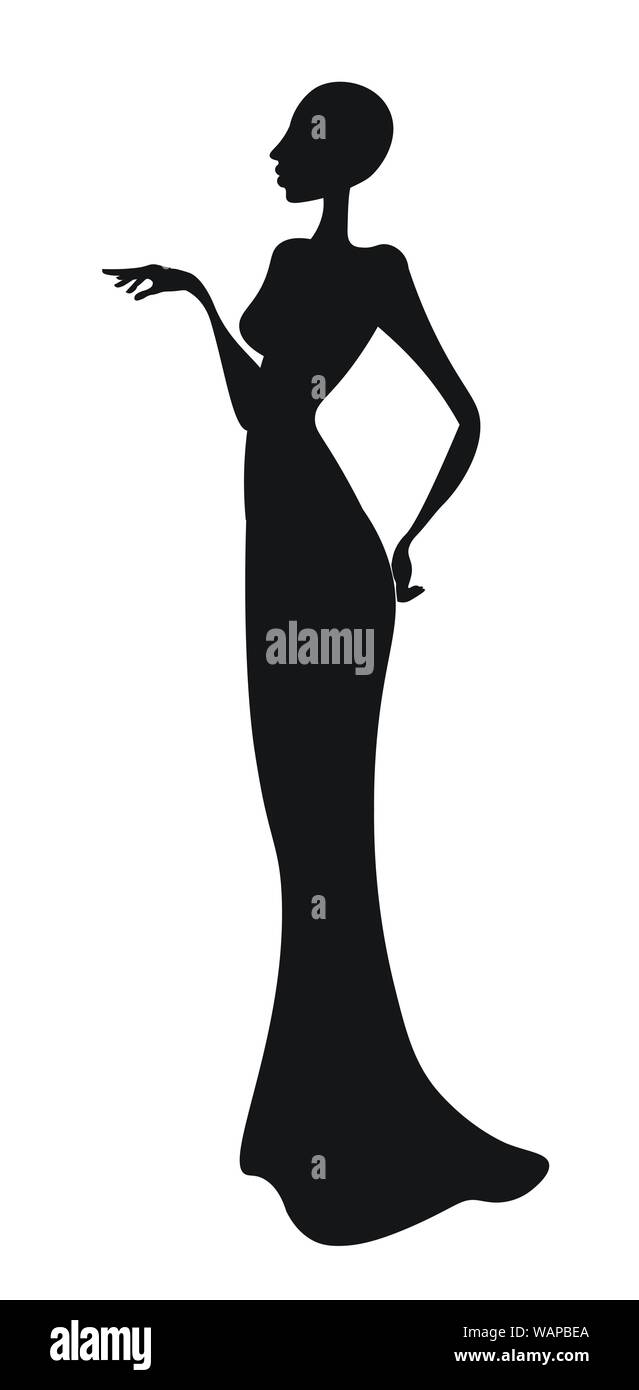 beautiful, elegant silhouette of the woman, bride, in a long dress ...
