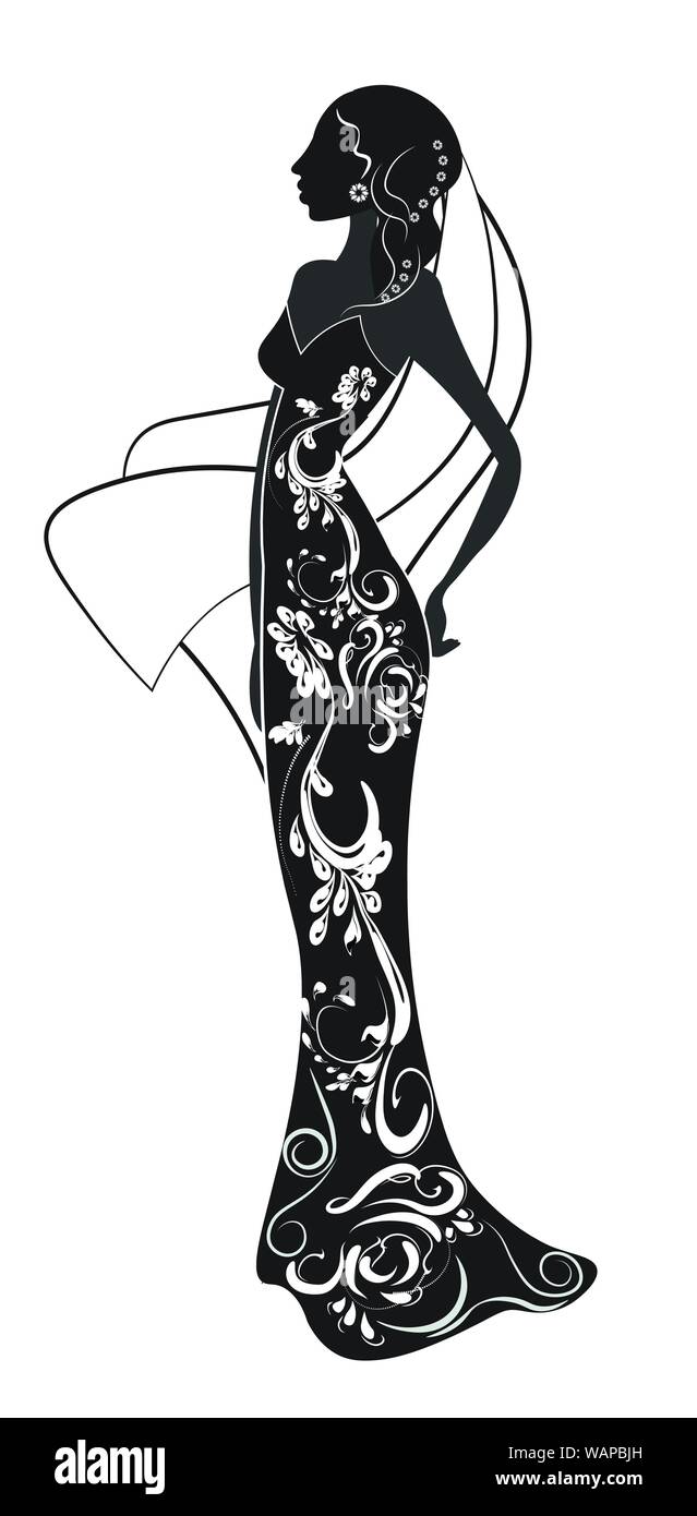 beautiful, elegant silhouette of the woman, bride, in a long dress Stock  Vector Image & Art - Alamy