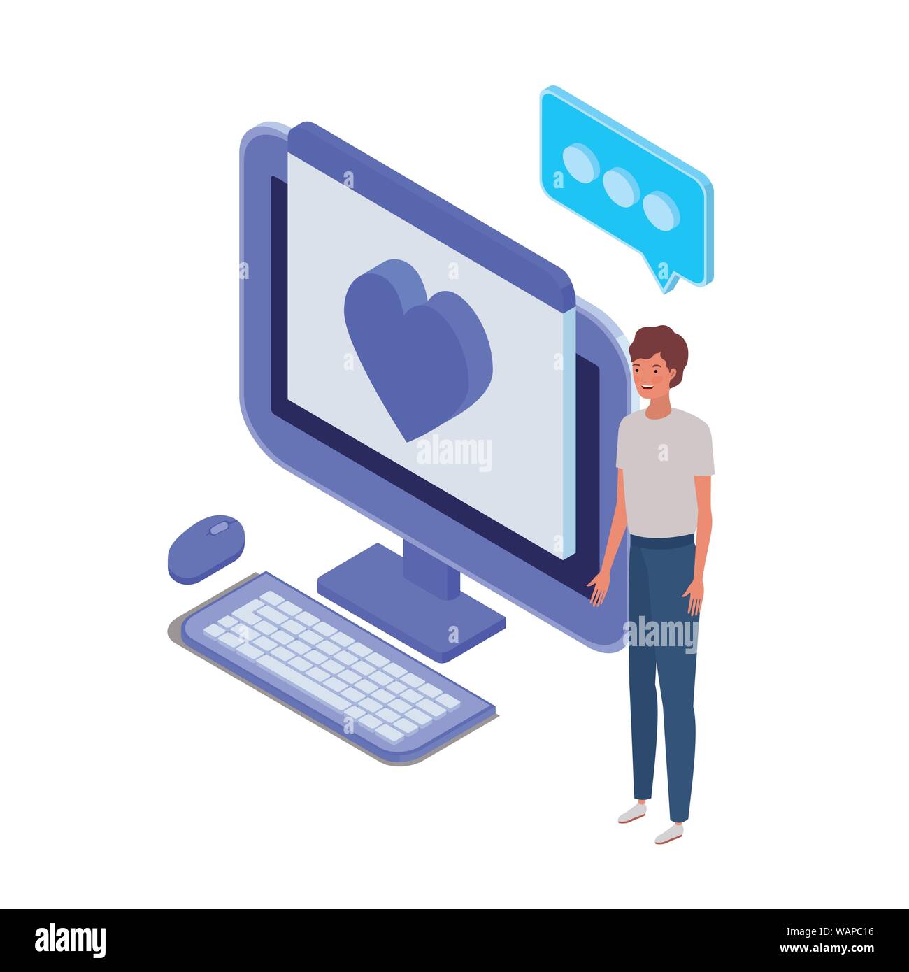 man with desktop computer screen and email notifications Stock Vector