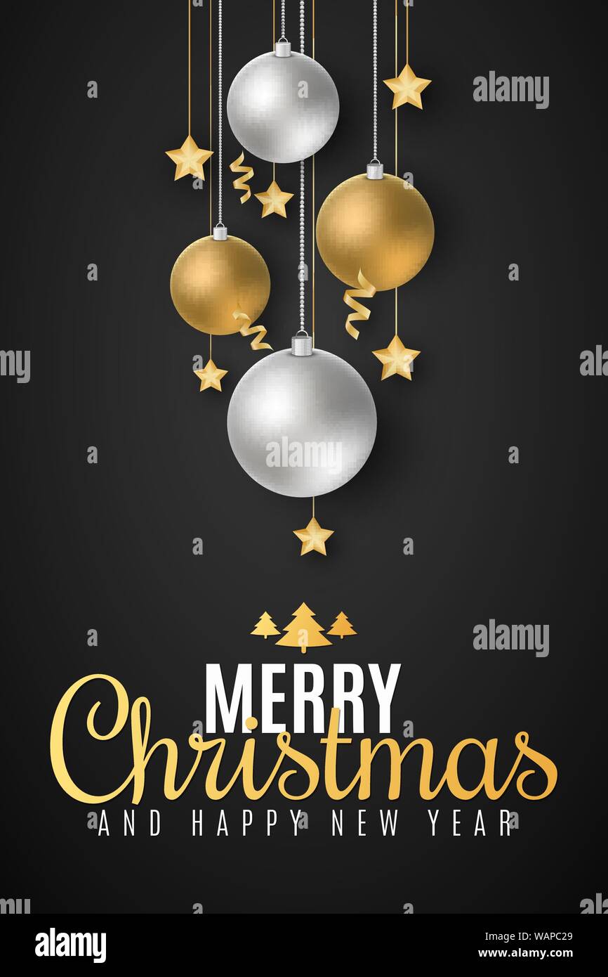 Poster for Merry Christmas and Happy New Year. Christmas concept. Festive balls, golden stars and serpentine. Greeting card. Beautiful lettering. Vect Stock Vector