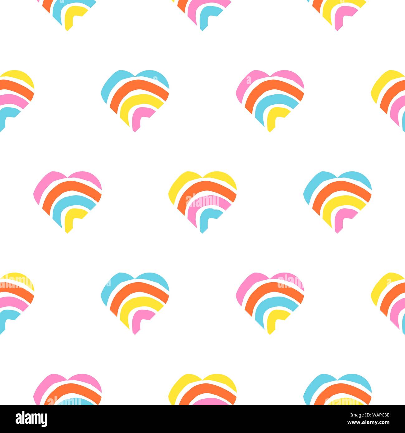 Rainbow striped heart seamless pattern. Rough lines rainbow repeating background vector texture. Stock Vector