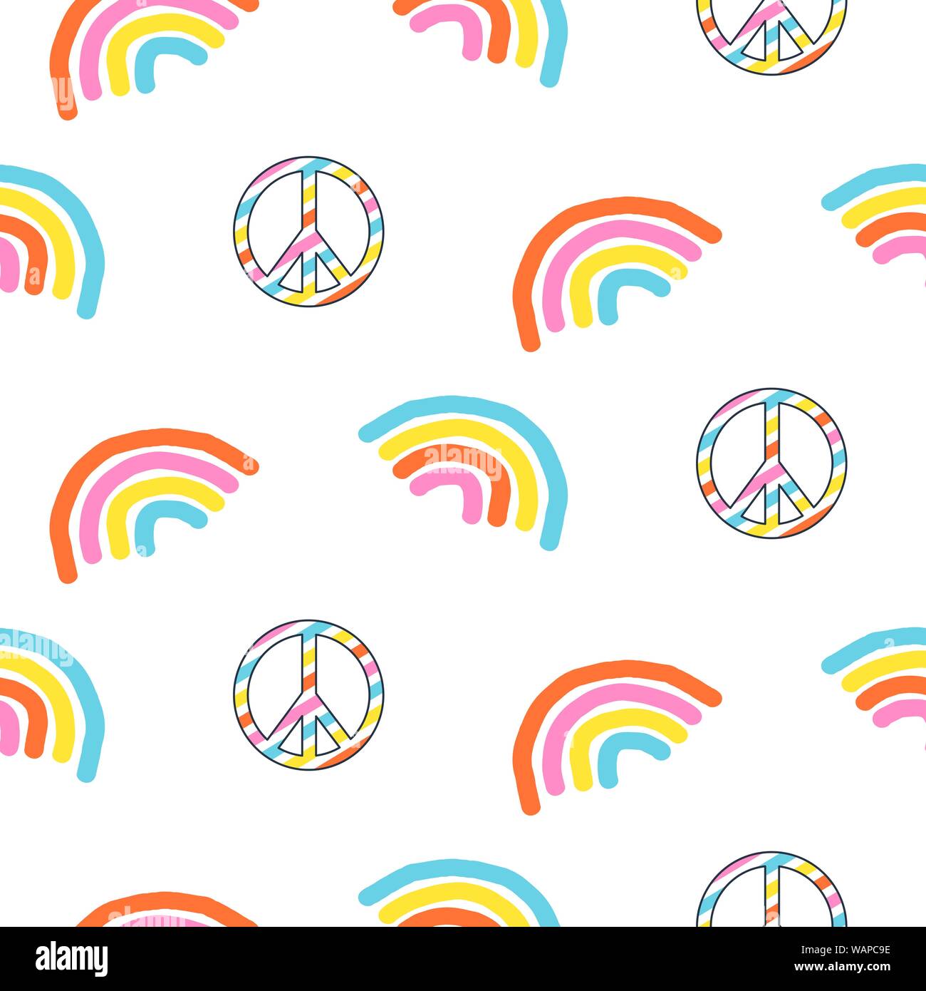 Seamless pattern with rainbow and peace symbol. Stock Vector
