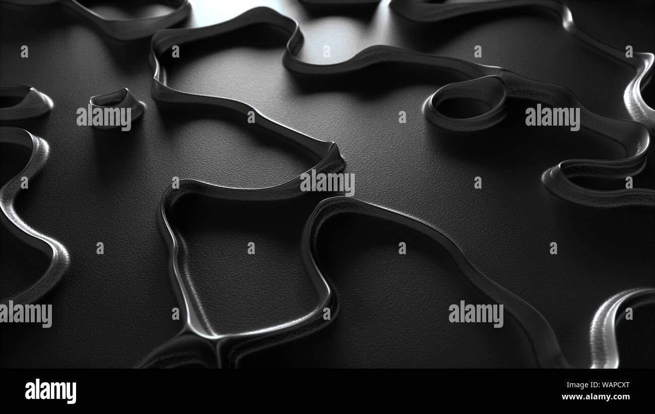 Abstract shapes design on reflective dark background with black metal ...