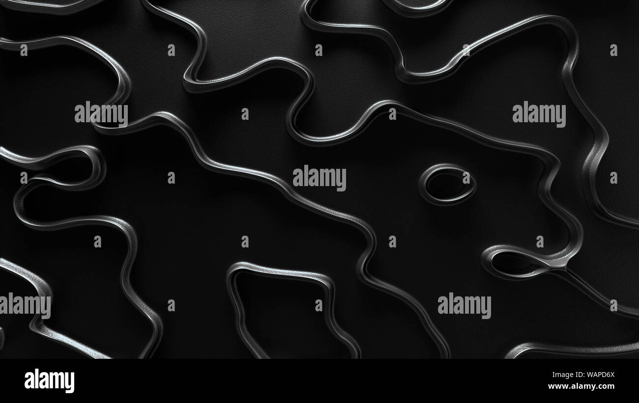 Abstract shapes design on reflective dark background with black metal ...
