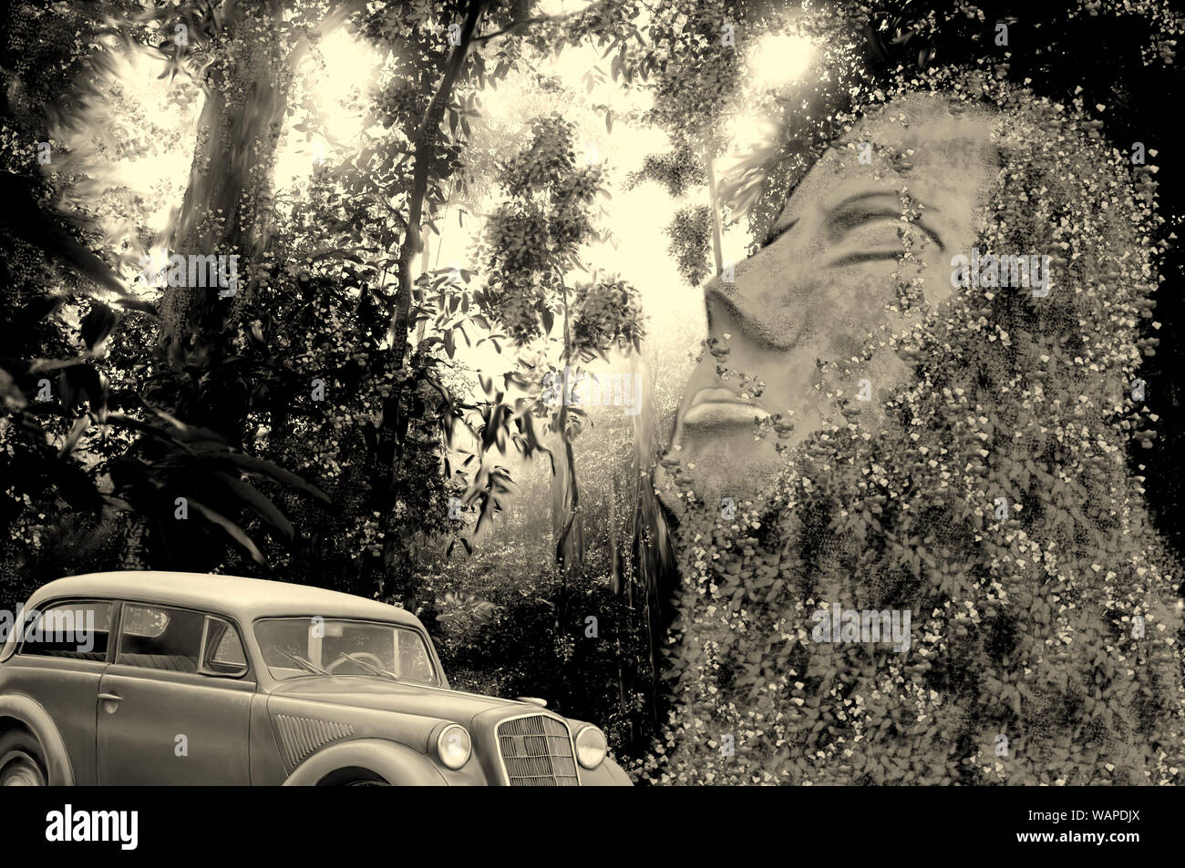 Painting of the conceptual Guatemalan stone head, which is considered a great mystery and treated as a forgotten history. Black and white version. Stock Photo