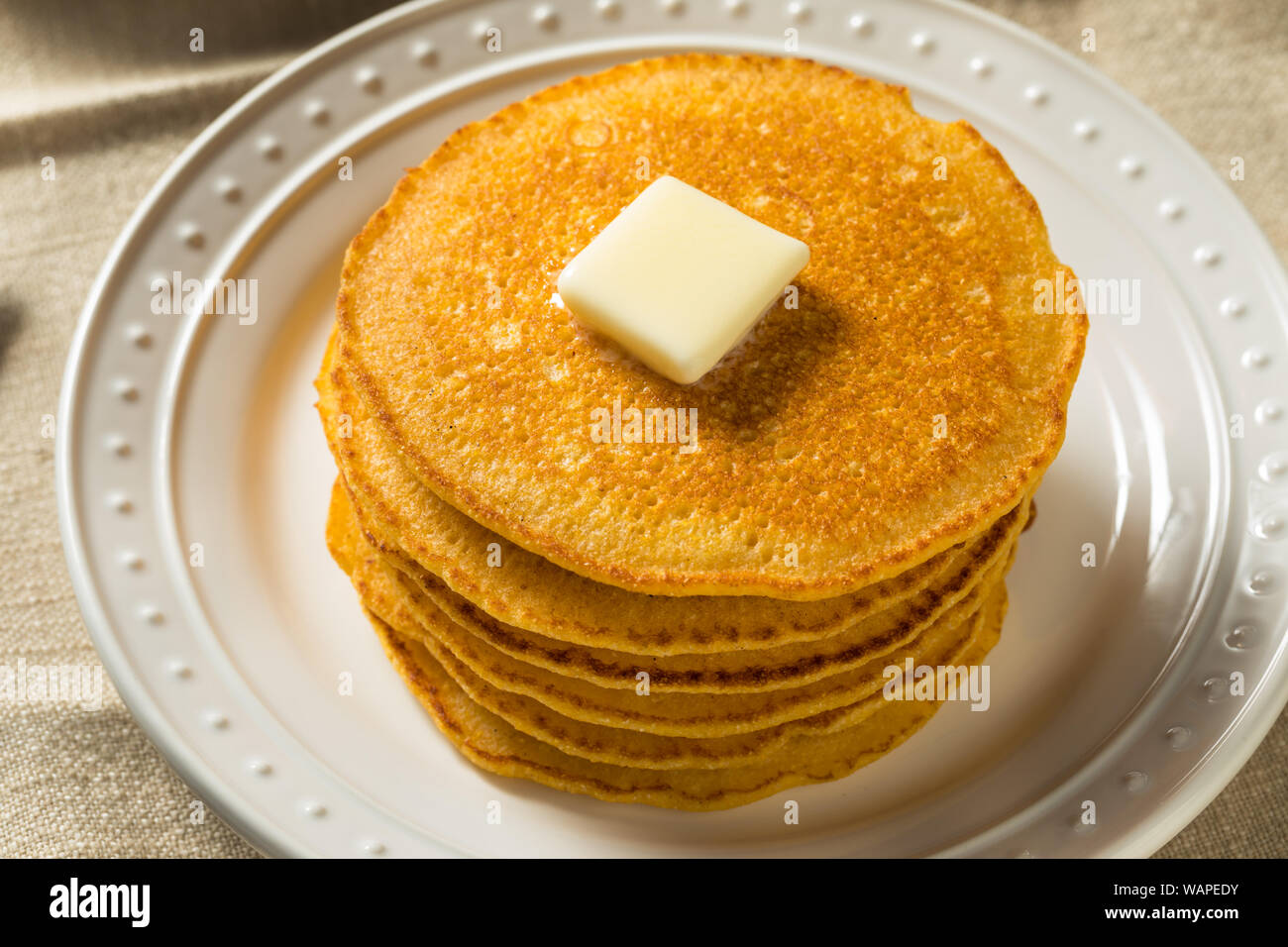 Homemade Corn Meal Johnny Cakes with Butter and Syrup Stock Photo Alamy