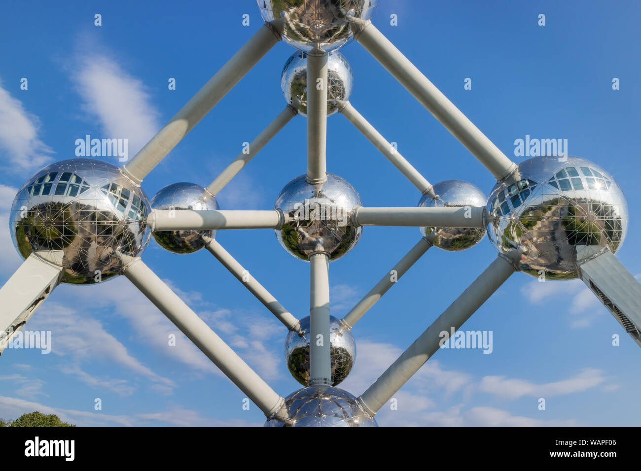 Brussels capital and its world expo Atonium during a full sunny day and blue sky Stock Photo