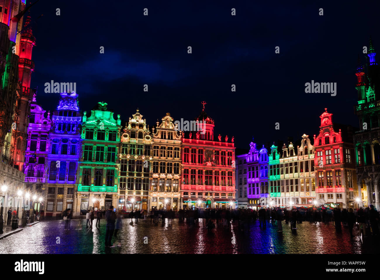 Brussels Grand Place by night and its multi colour show Stock Photo