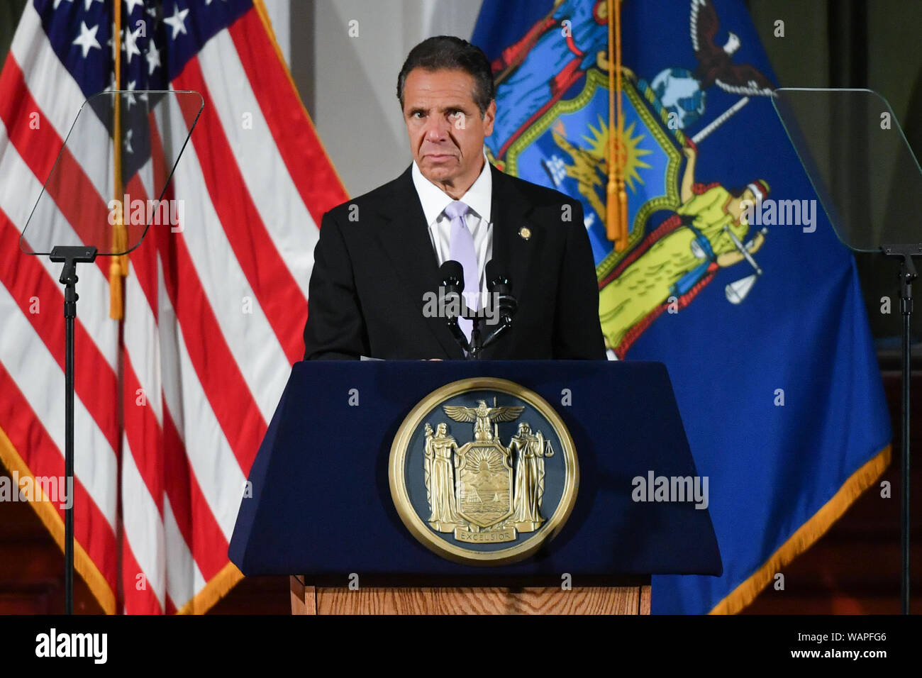 Govenor Andrew Cuomo speaks at the New York City Bar Association about advancing the New York State 'Hate Crimes Domestic Terrorism Act' on August 15, Stock Photo
