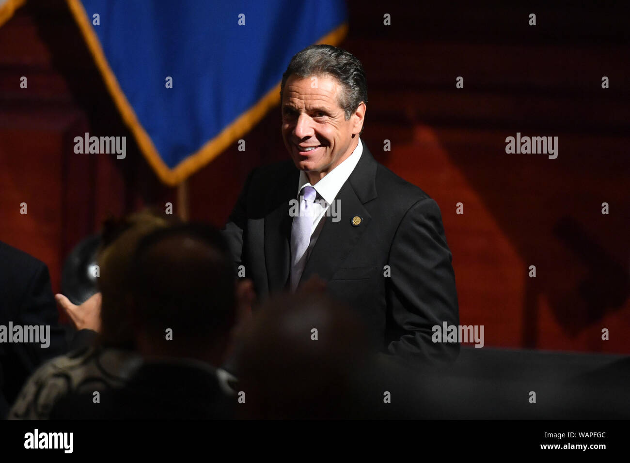 Govenor Andrew Cuomo speaks at the New York City Bar Association about advancing the New York State 'Hate Crimes Domestic Terrorism Act' on August 15, Stock Photo