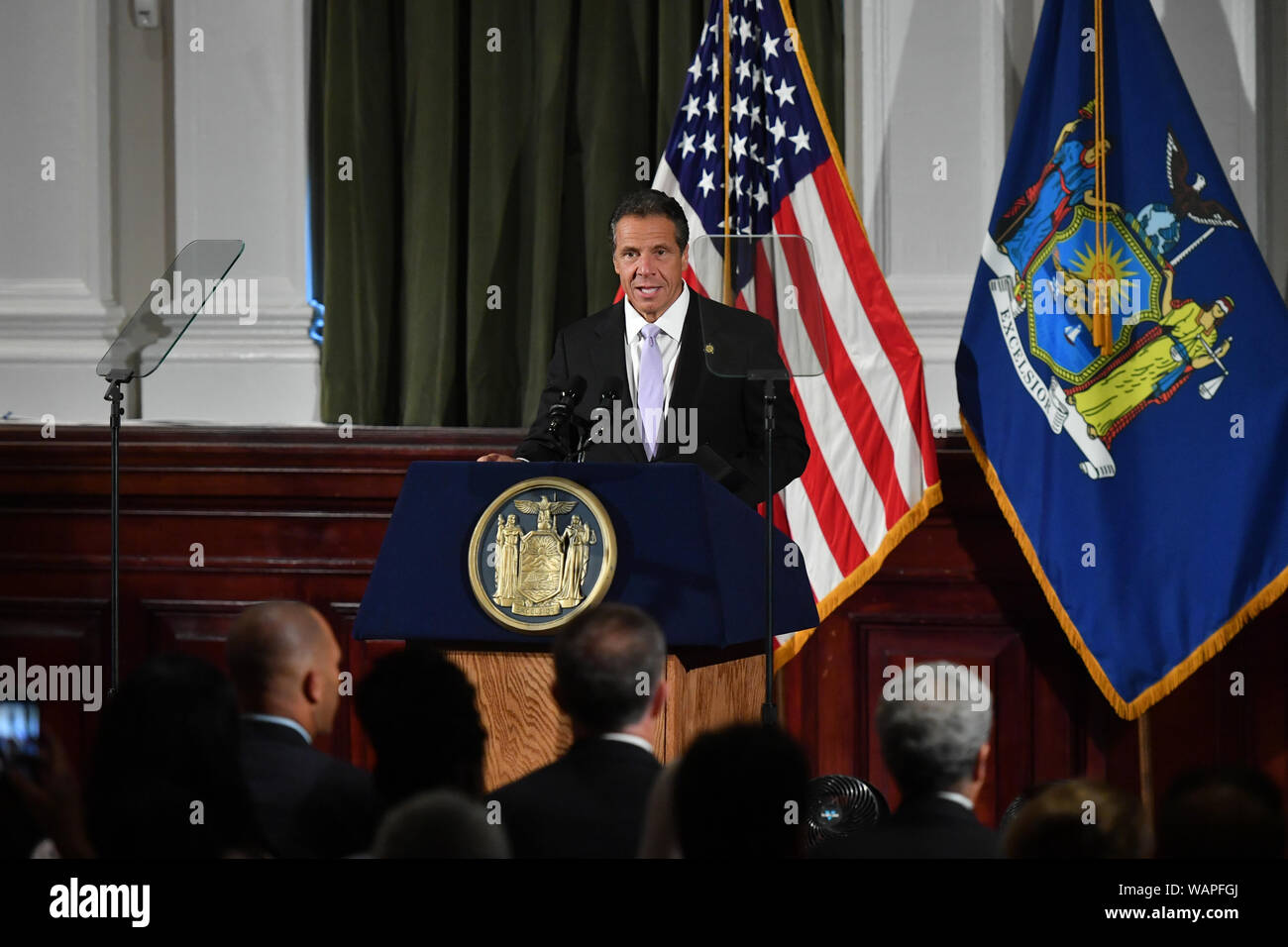 Govenor Andrew Cuomo speaks at the New York City Bar Association about advancing the New York State 'Hate Crimes Domestic Terrorism Act' on August 15, Stock Photo