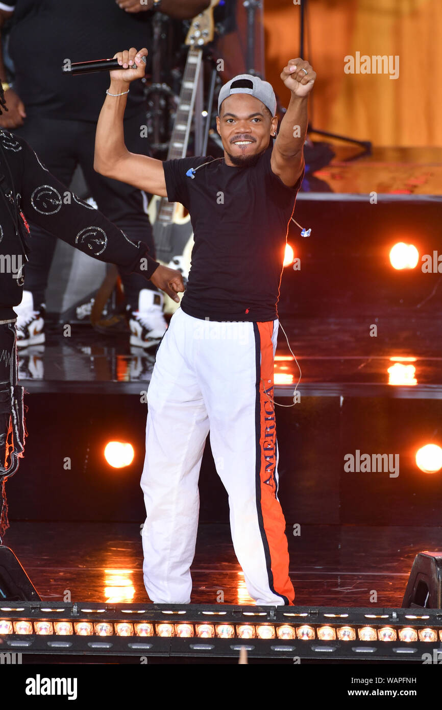 Chance The Rapper performs on ABC's 'Good Morning America' at SummerStage at Rumsey Playfield, Central Park on August 16, 2019 in New York City. Stock Photo