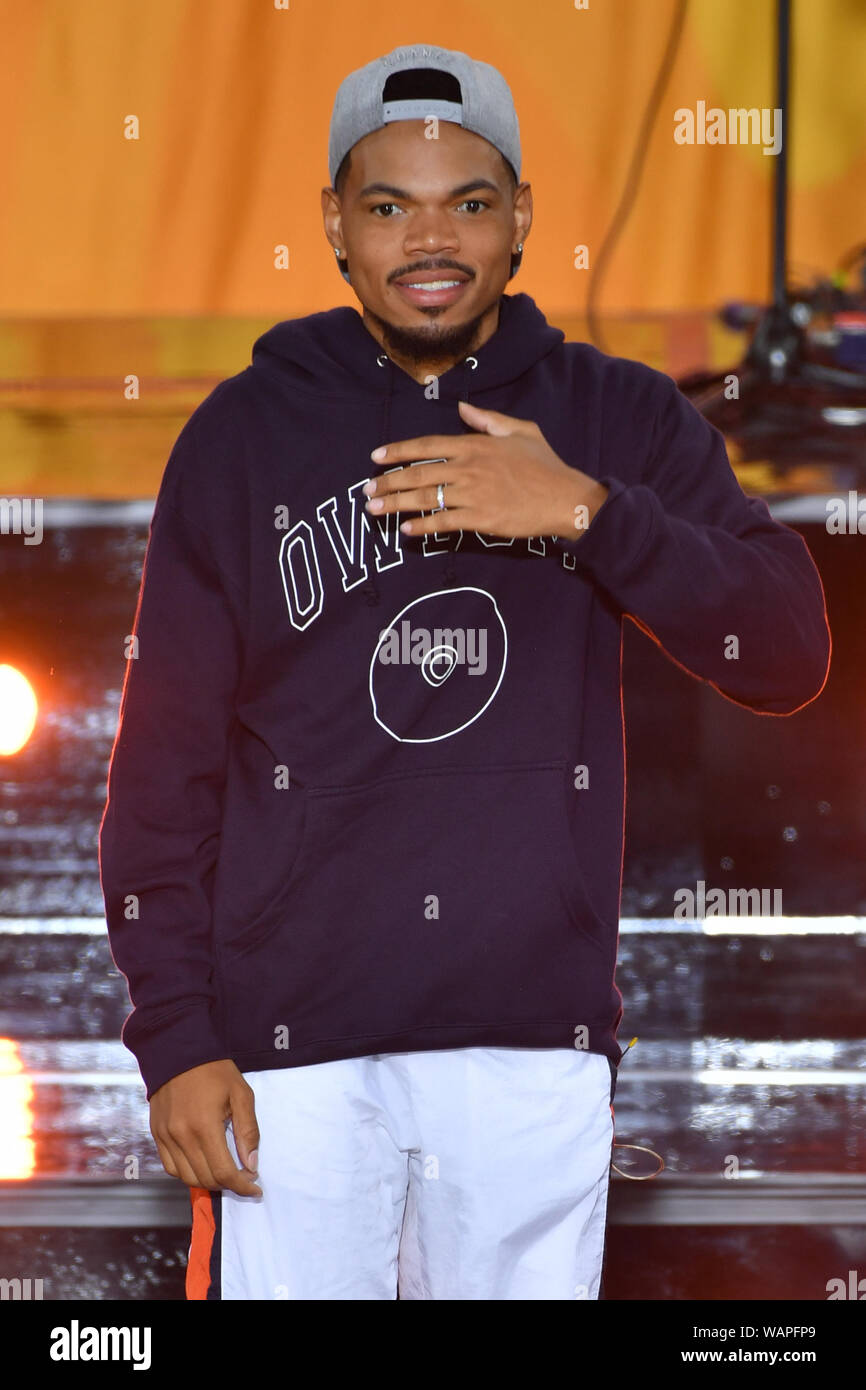 Chance The Rapper performs on ABC's 'Good Morning America' at SummerStage at Rumsey Playfield, Central Park on August 16, 2019 in New York City. Stock Photo
