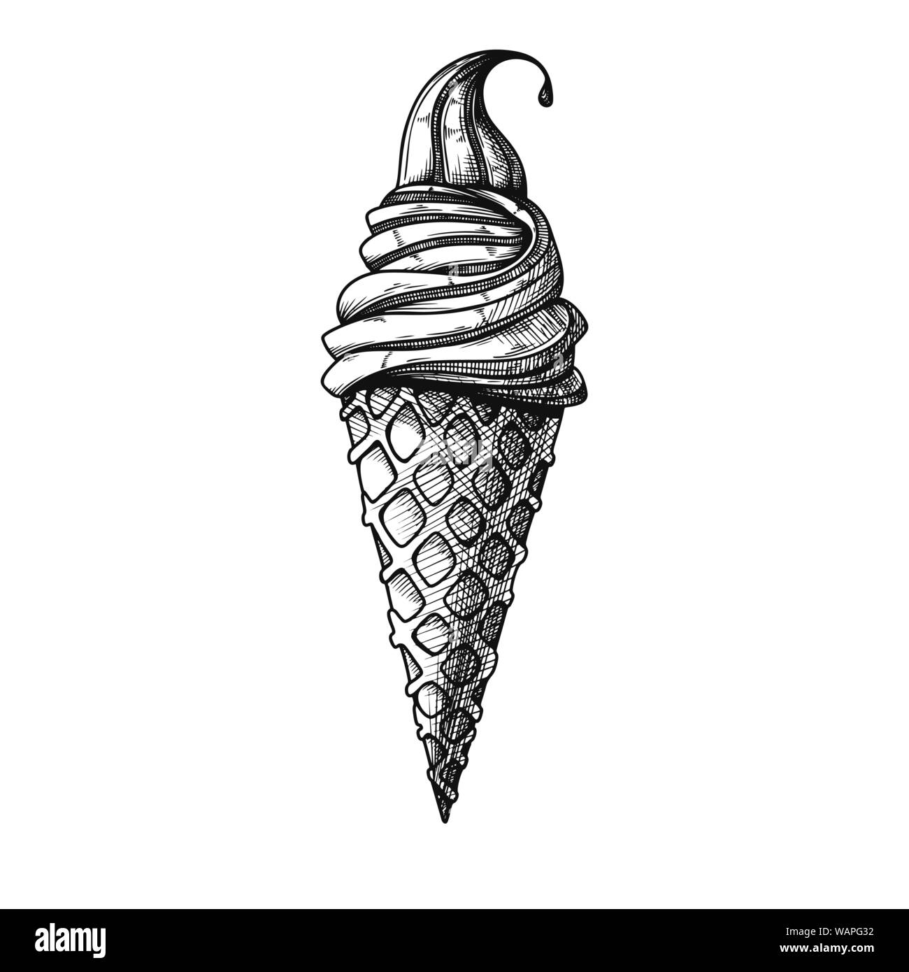 Realistic sketch in a waffle cone. Vector illustration in sketch style ...