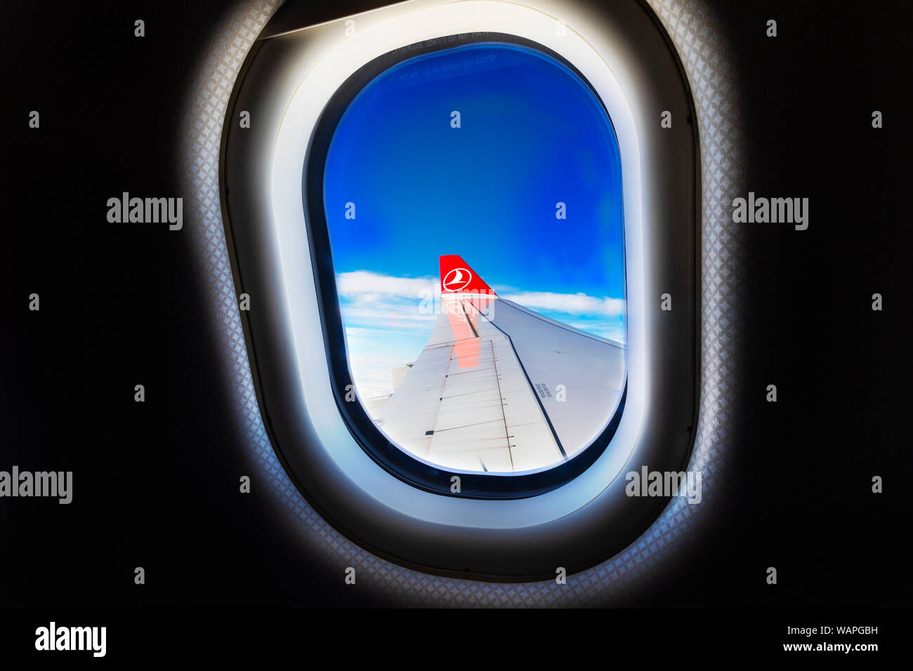 Kathmandu, Istambul - AUG 09, 2019 View from the plane window by Turkish airline. Stock Photo