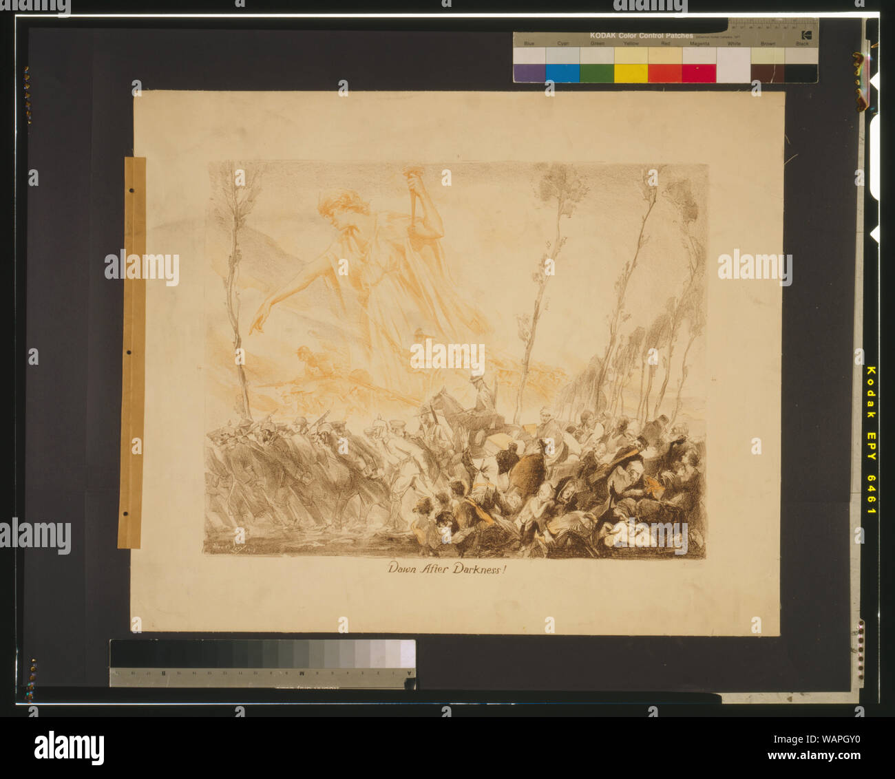 Dawn after darkness! Abstract: Allegory showing the figure of Liberty leading troops to victory, in the foreground are German prisoners of war and refugees. Stock Photo