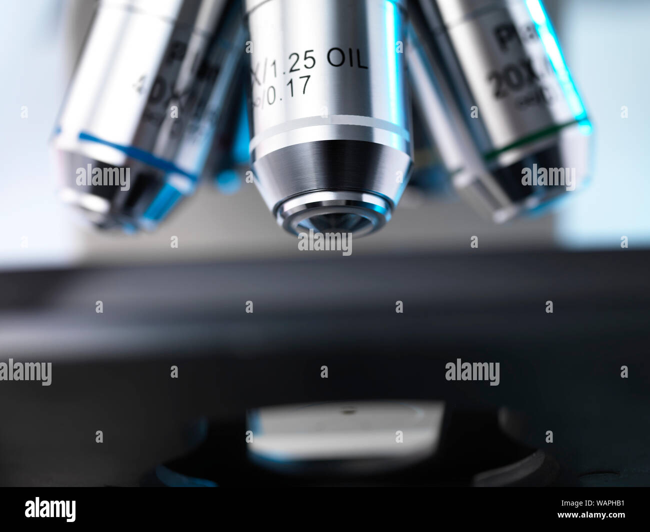 Medical testing, Microscope being used to view a sample in the lab. Stock Photo