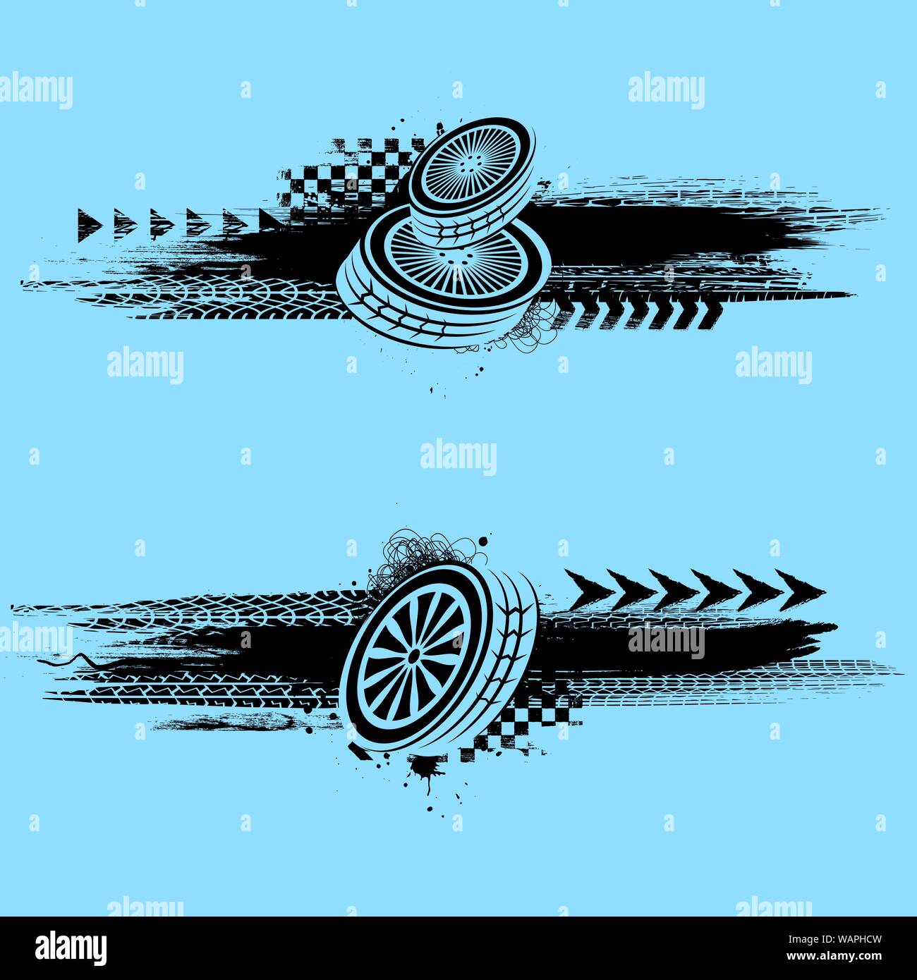 Two horizontal grunge frames with tire tracks and car wheels Stock