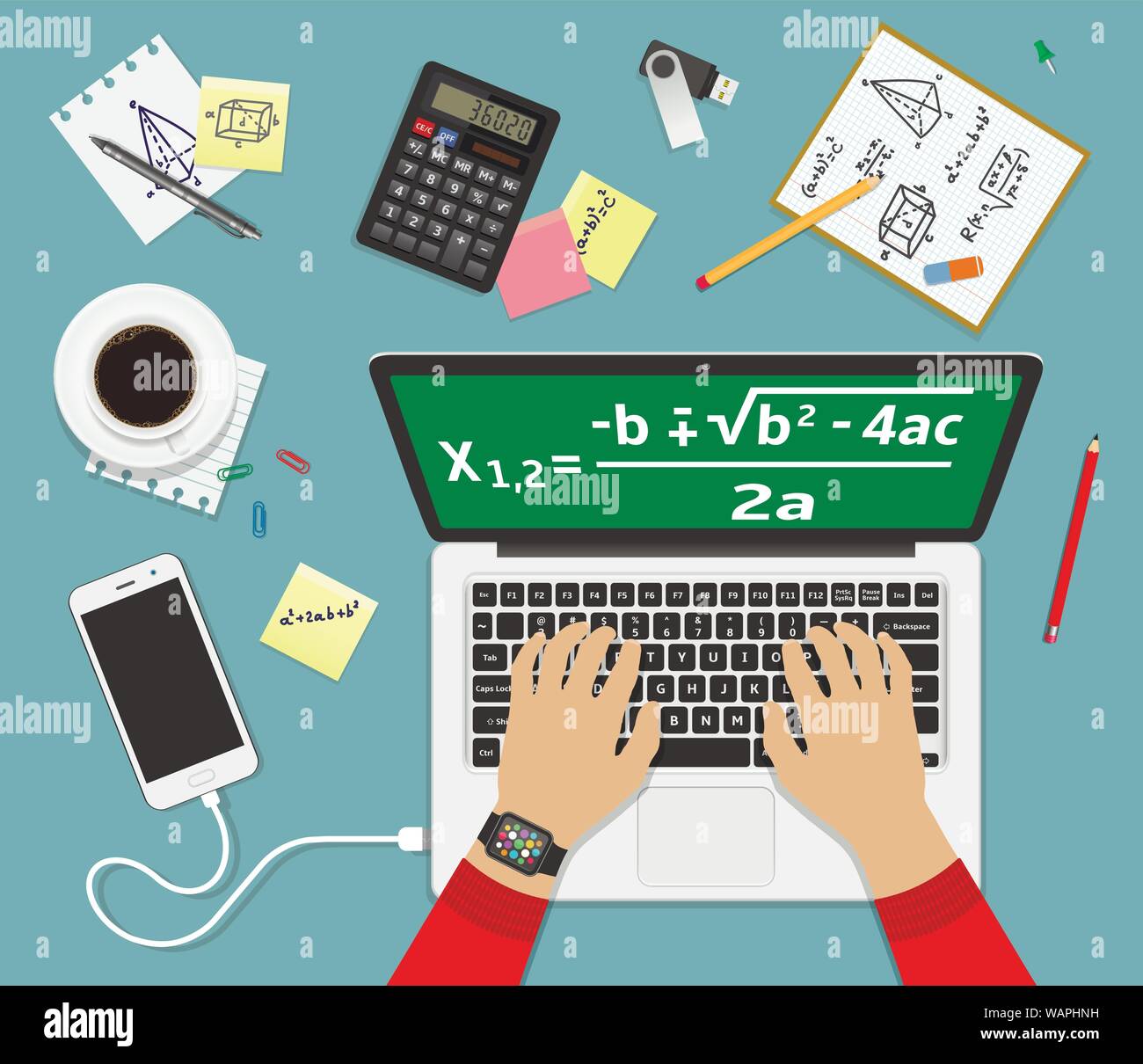 African American college student solves math formula on laptop screen. Flat design vector illustration concept. Stock Vector