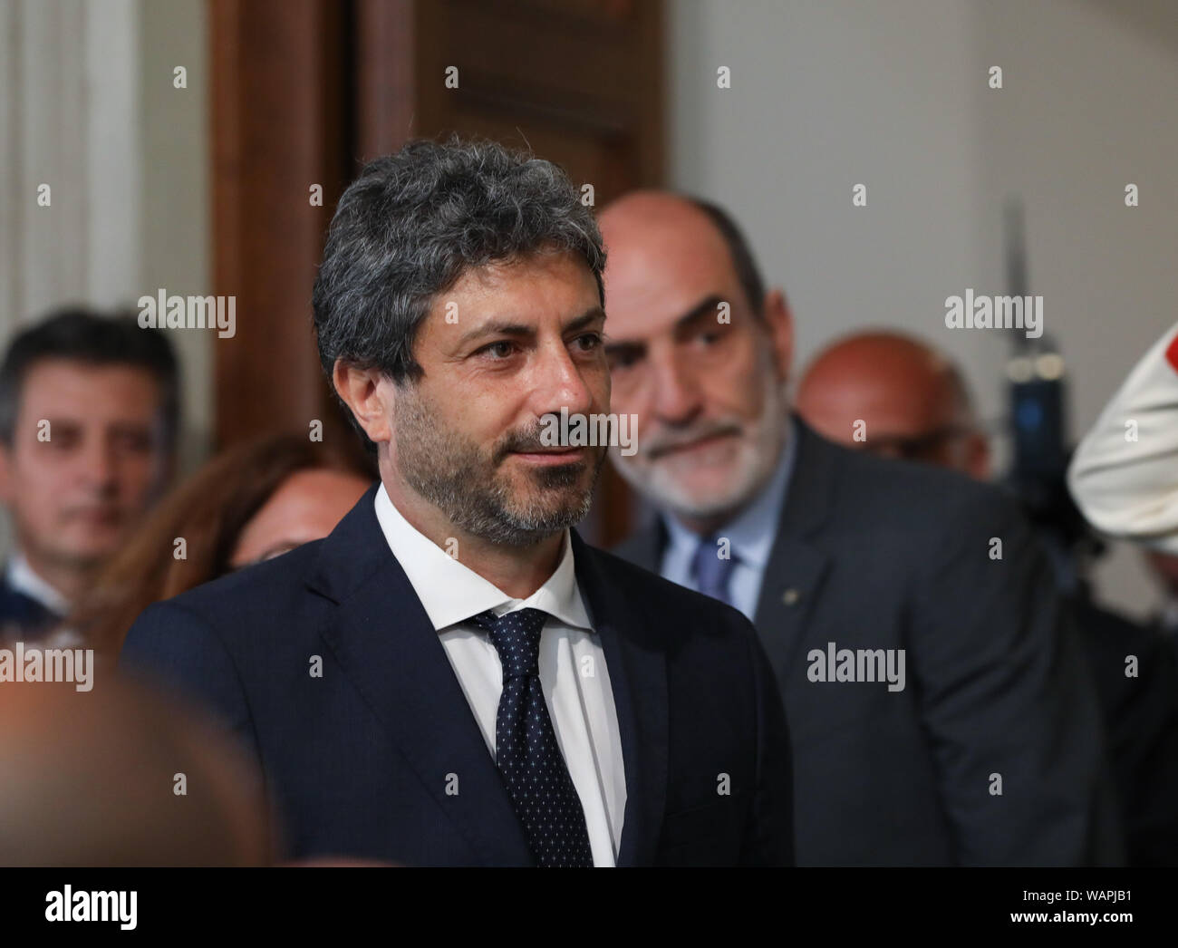 Rome, Italy. 21st Aug, 2019. Roberto Fico, president of the Italian Chamber of Deputies, arrives at Palazzo del Quirinale to talk with Italian president Sergio Mattarella in Rome, Italy, on Aug. 21, 2019. Italian President Sergio Mattarella began talks with political parties on Wednesday, a day after Prime Minister Giuseppe Conte's populist government collapsed. Credit: Cheng Tingting/Xinhua/Alamy Live News Stock Photo