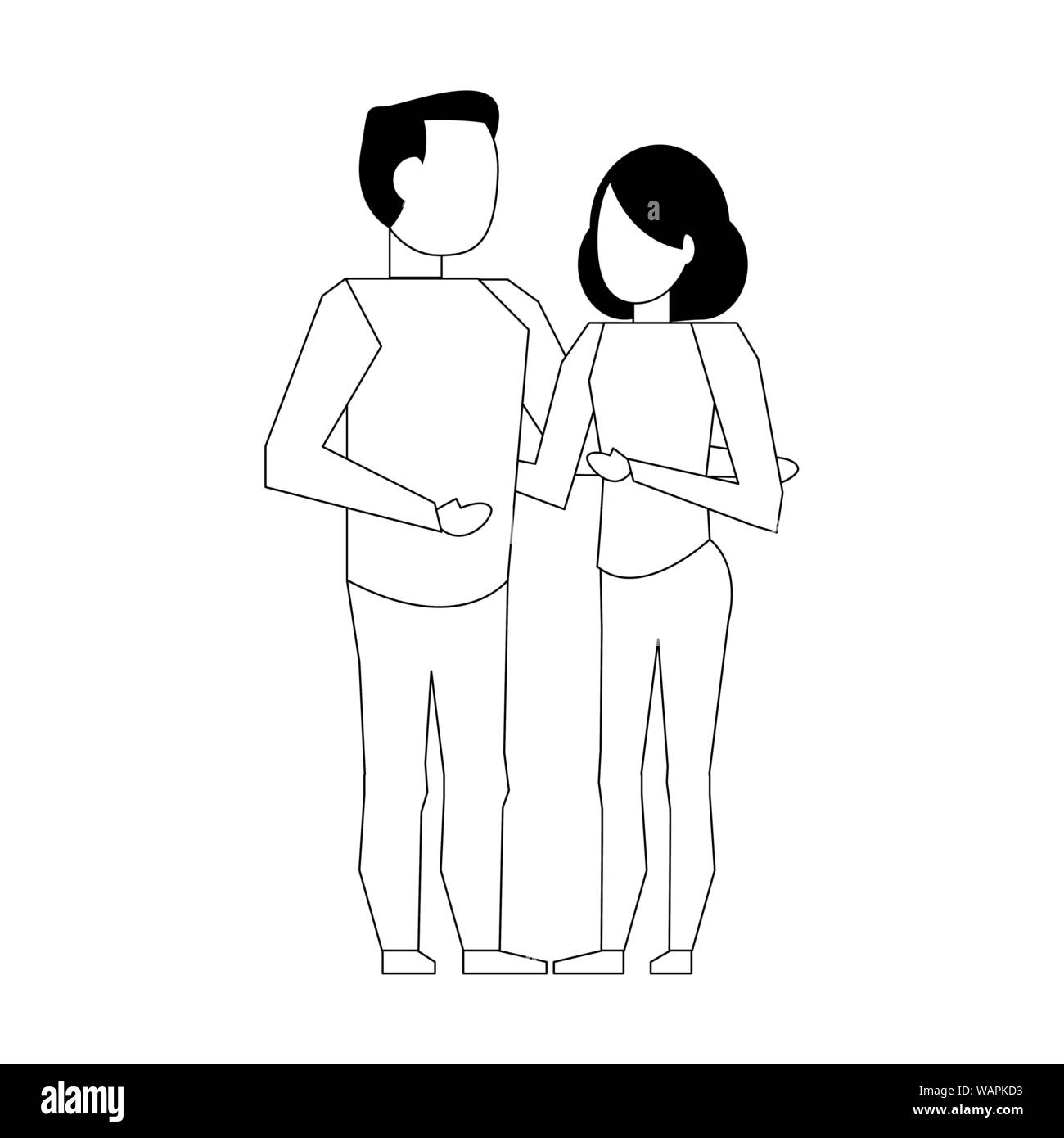 couple love young relationship cartoon in black and white Stock Vector