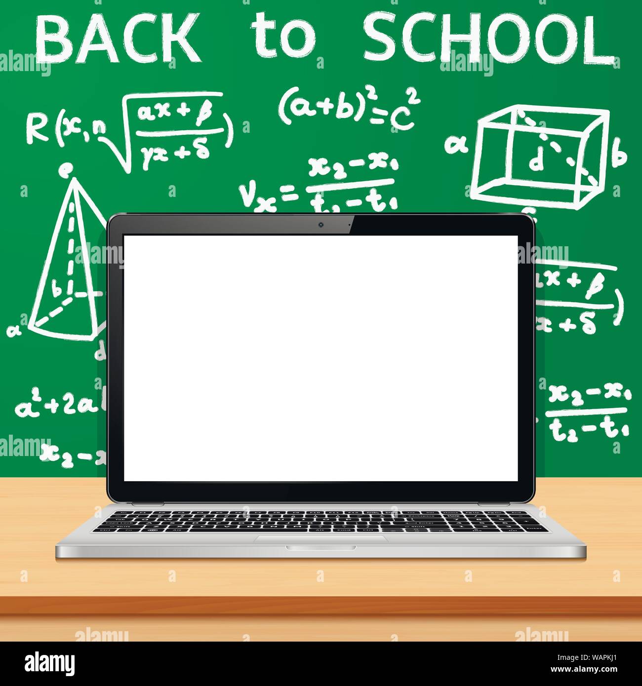 Laptop with blank screen on table, on green blackboard background with formulas Stock Vector
