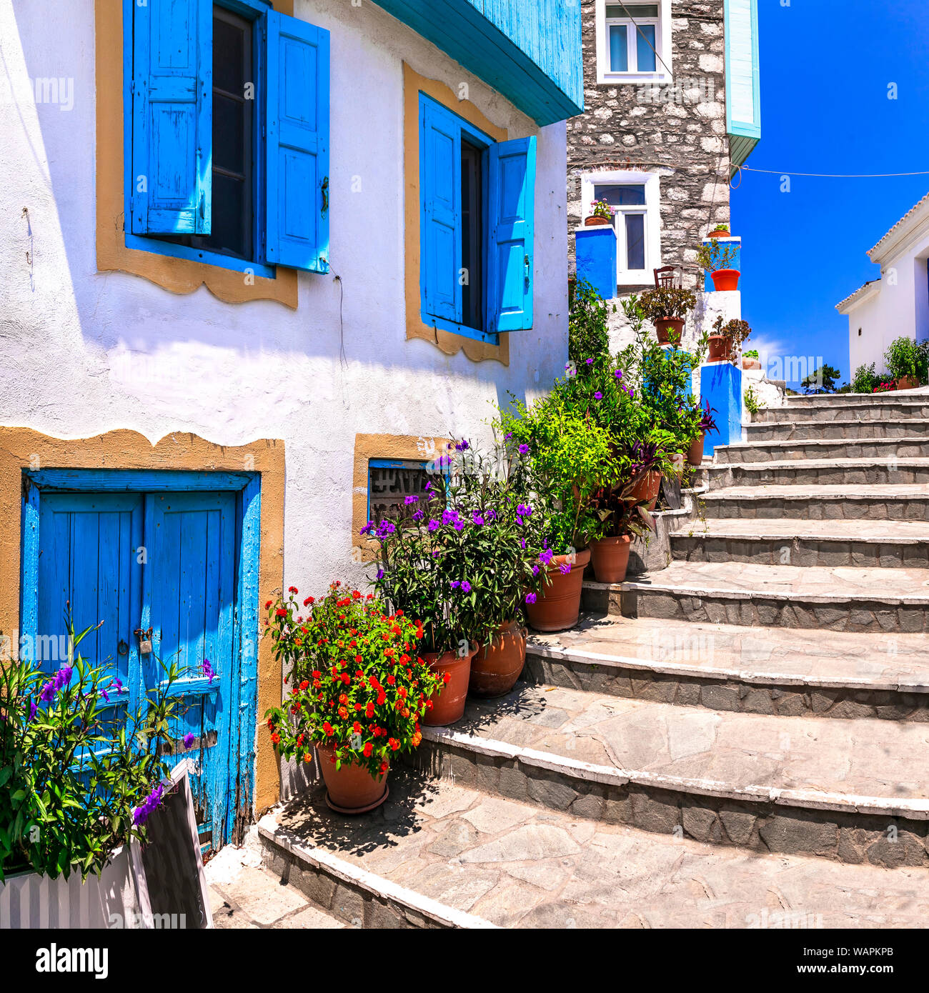 Old streets of Samos island,Kokkari village,Greece Stock Photo
