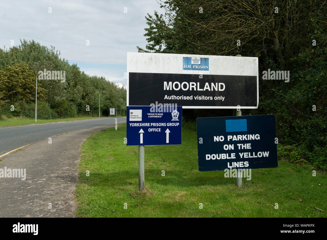 Signage for HMP & YOI Moorland prison in Hatfield Woodhouse near Doncaster in Yorkshire, UK. Stock Photo