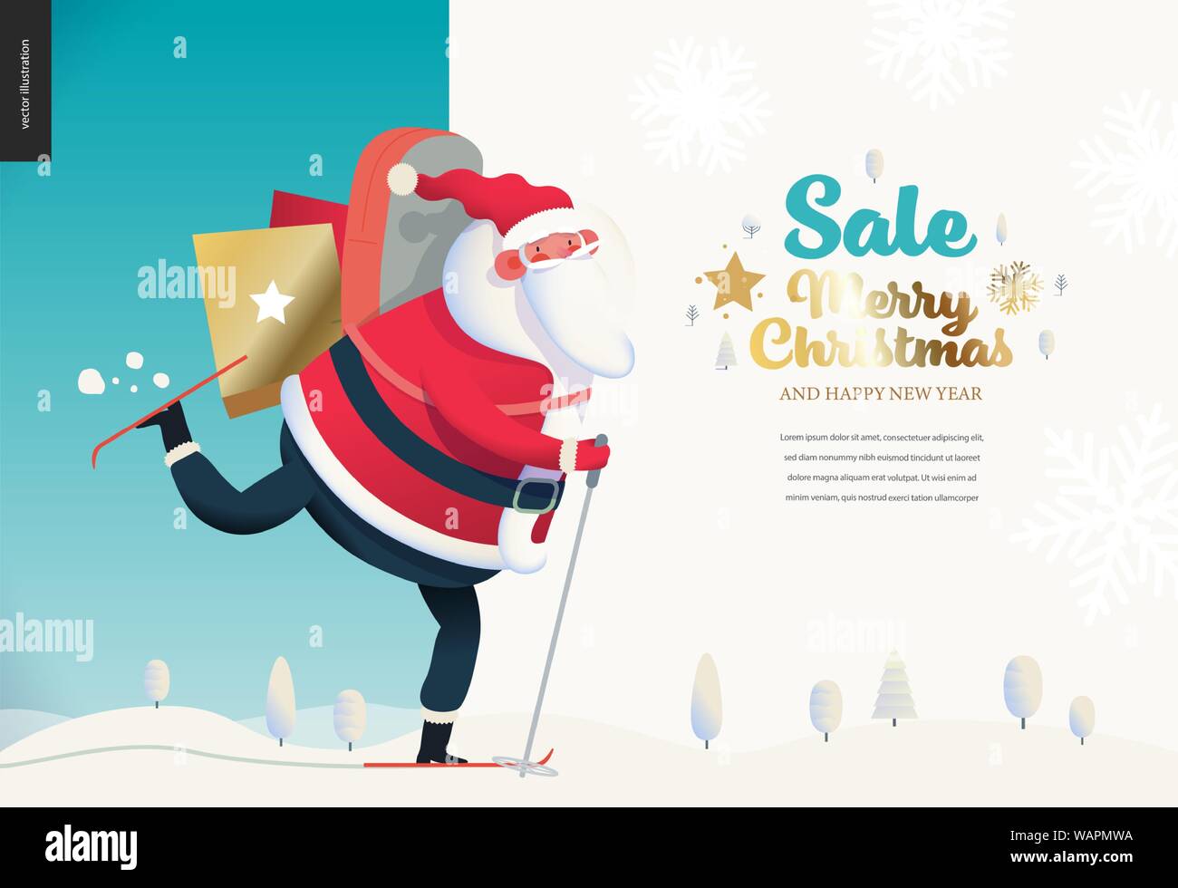 Skiing Santa Claus Christmas Sale Flyer Modern Flat Vector Concept Illustration Of Cheerful Santa Claus Skiing With Shopping Bags On The Snow Cove Stock Vector Image Art Alamy