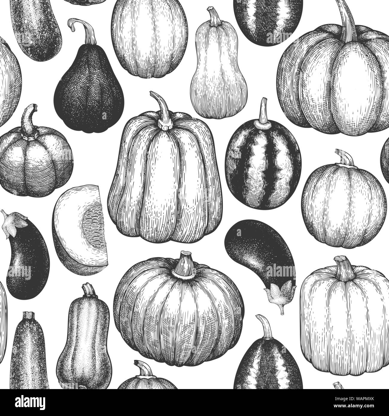 Different natural vegetables seamless pattern. Hand drawn halloween background. Retro food illustrations Stock Vector