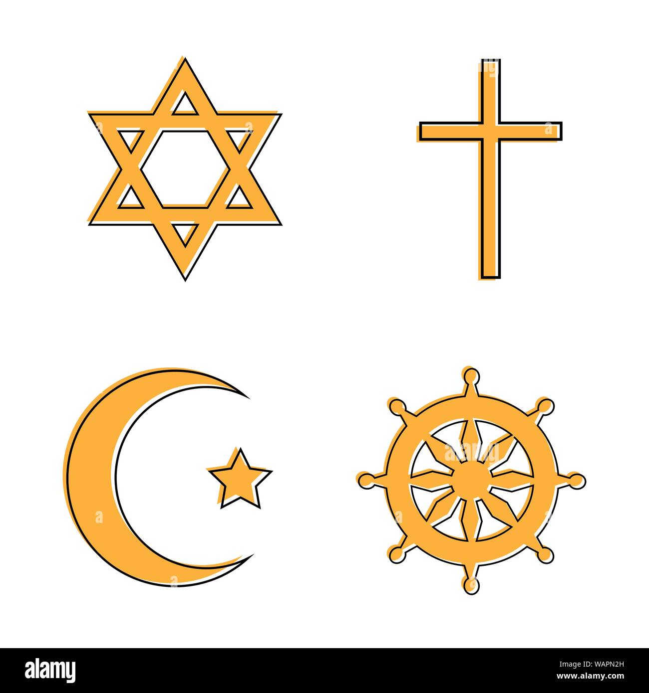 Set of religious signs: cross, crescent, wheel of Dharma, star of David. Vector illustration Stock Vector