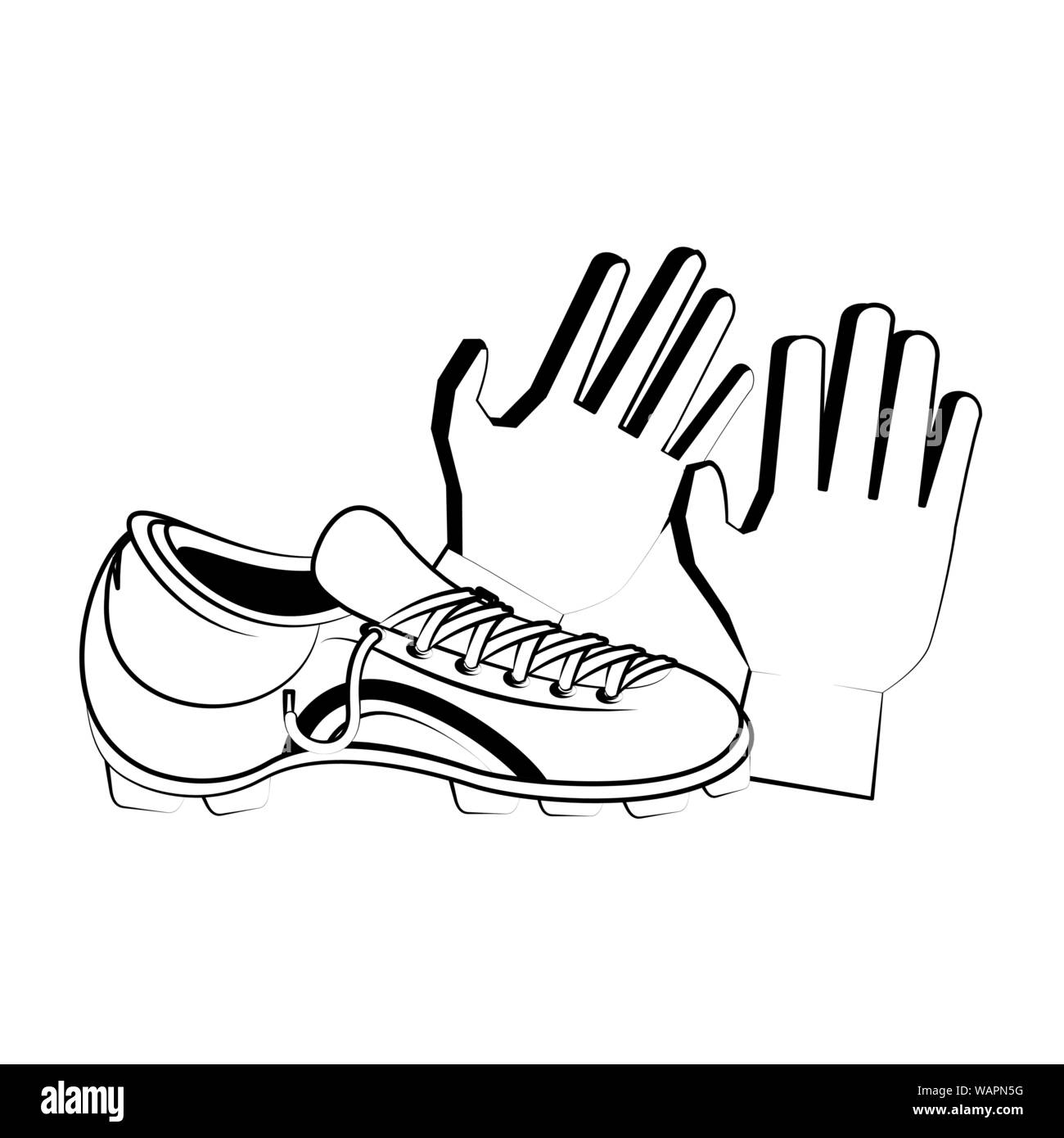 Soccer football boots and gloves sport equipment in black and white Stock Vector