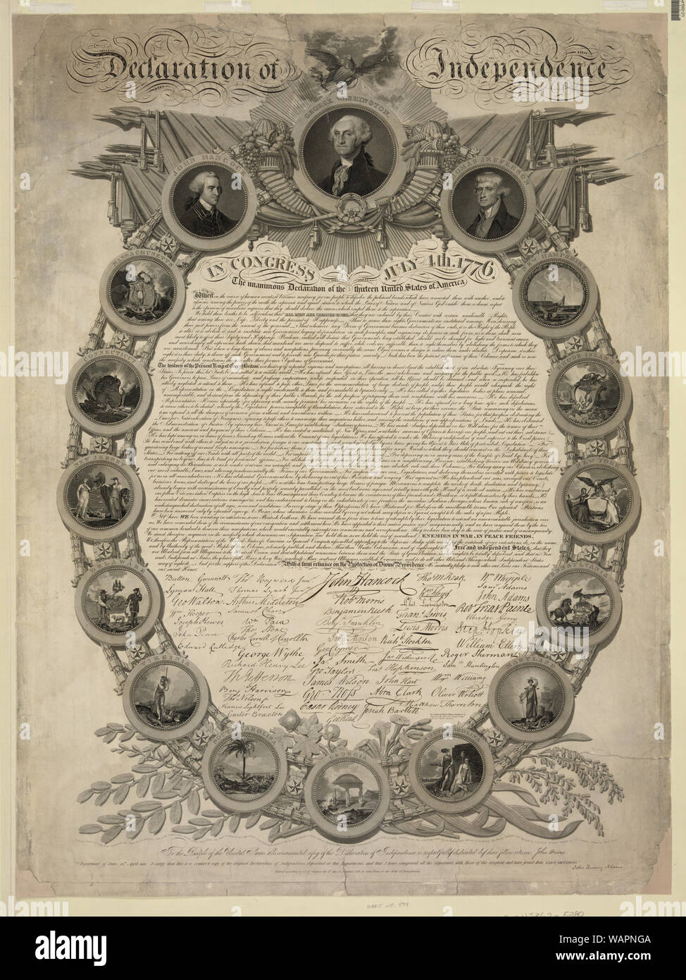 Declaration of Independence Abstract: A facsimile of the Declaration of Independence, in an ornamental oval frame with medallions of seals of the thirteen original colonies, and medallion portraits of John Hancock, George Washington, and Thomas Jefferson. Above is an eagle with shield, olive branch, and arrows, holding a streamer reading E Pluribus Unum. An incomplete state of the print was deposited for copyright by John Binns on November 4, 1818. It was accompanied by a prospectus card which describes the print thus: A Splendid Edition of the Declaration of Independence. The Design in imitat Stock Photo