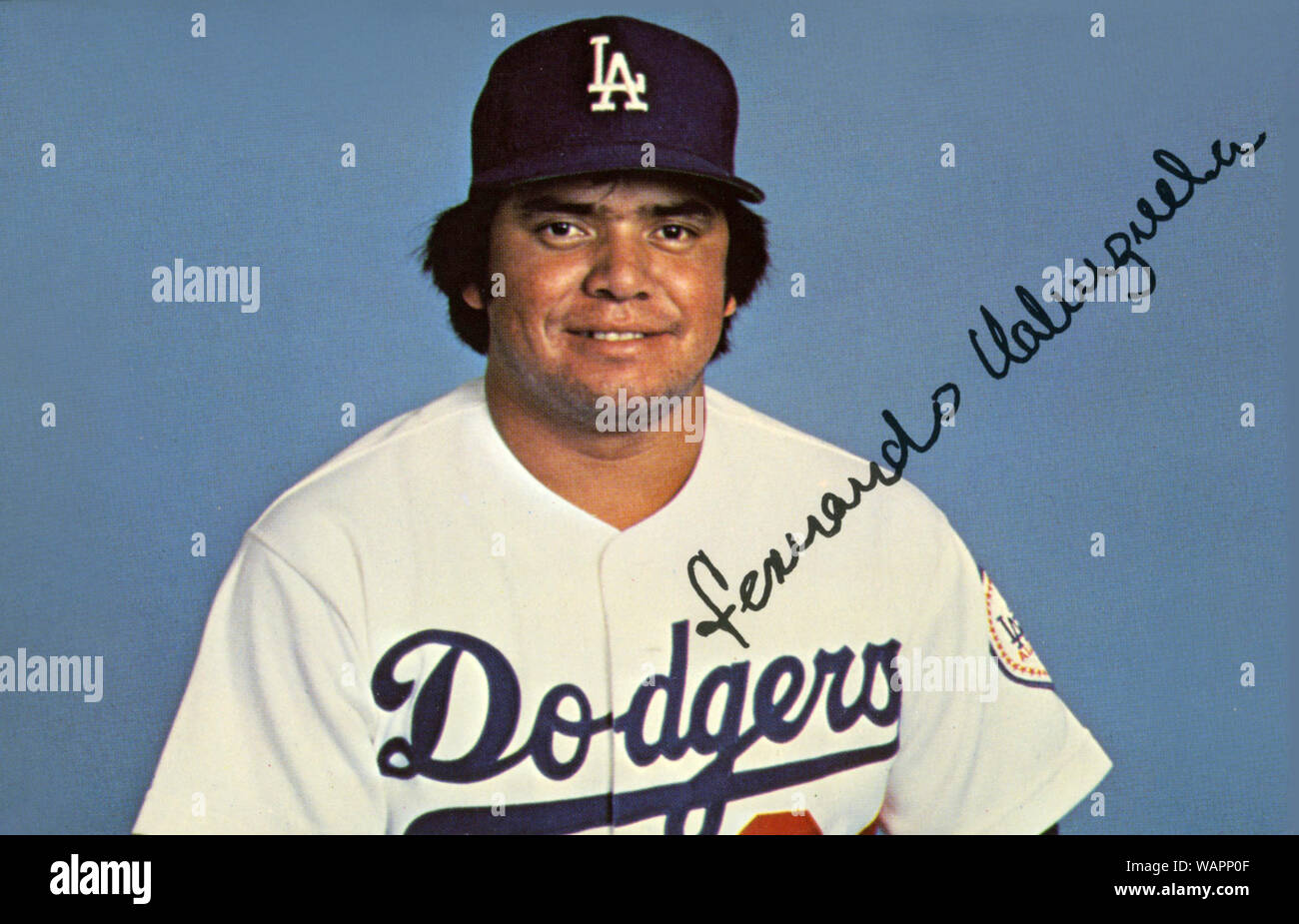 Fernando Valenzuela in vintage souvenir photo with the Los Angeles Dodgers circa 1980s Stock Photo