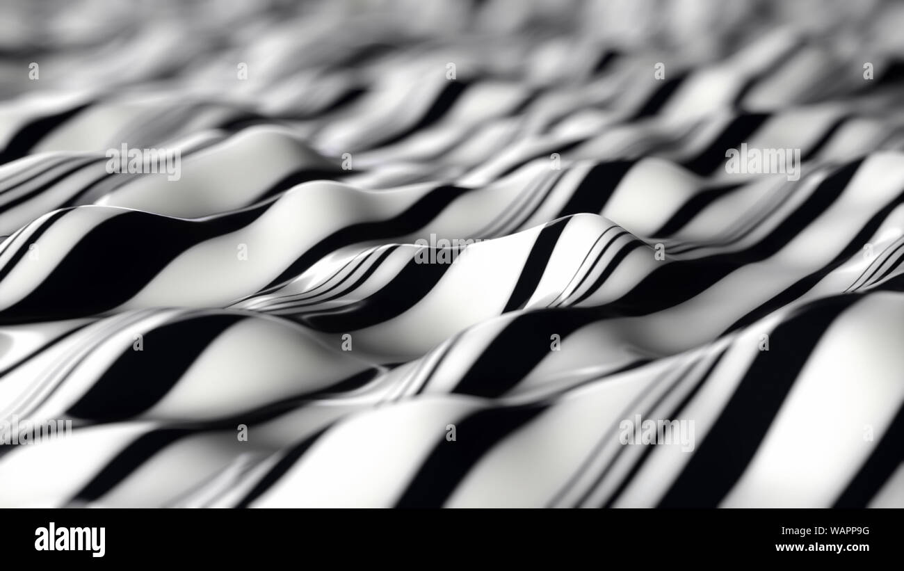 An illustration of a white and black peppermint candy sheet. wavy background with black and white stripes and Depth of Field, macro. Stock Photo